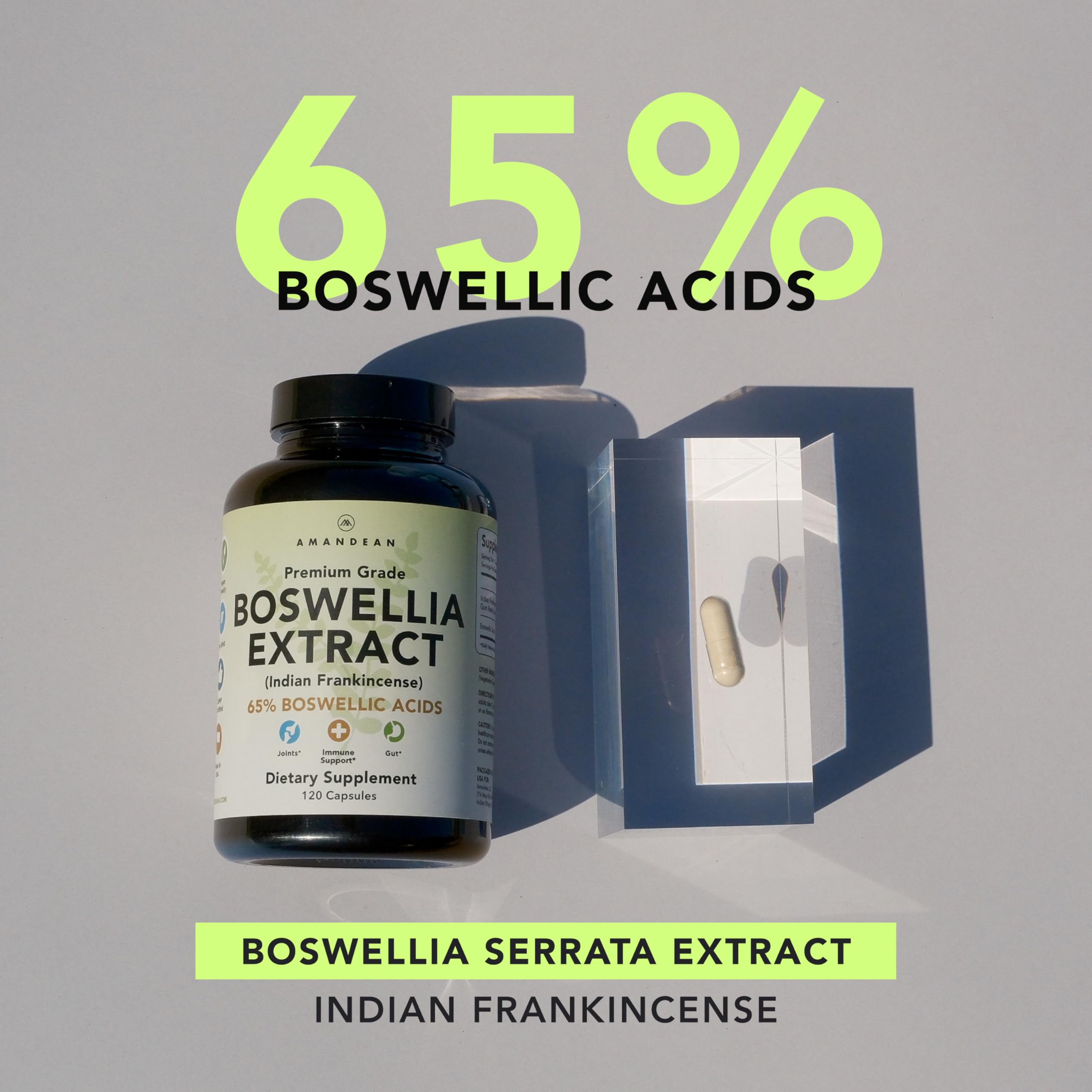 AMANDEAN Boswellia capsules closeup highlighting plant-based capsules