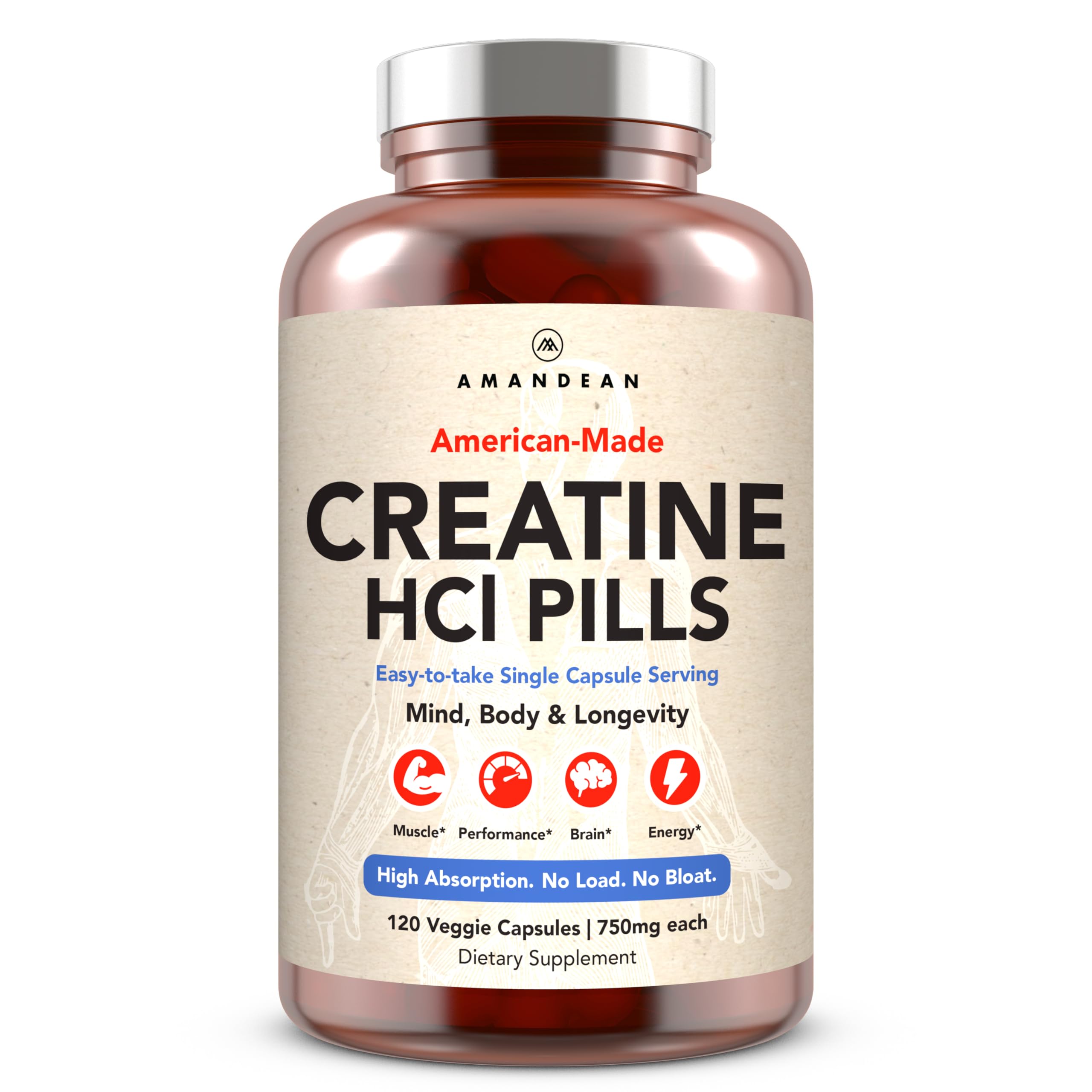 AMAND EAN Creatine HCl pills bottle front highlighting high-absorption energy support