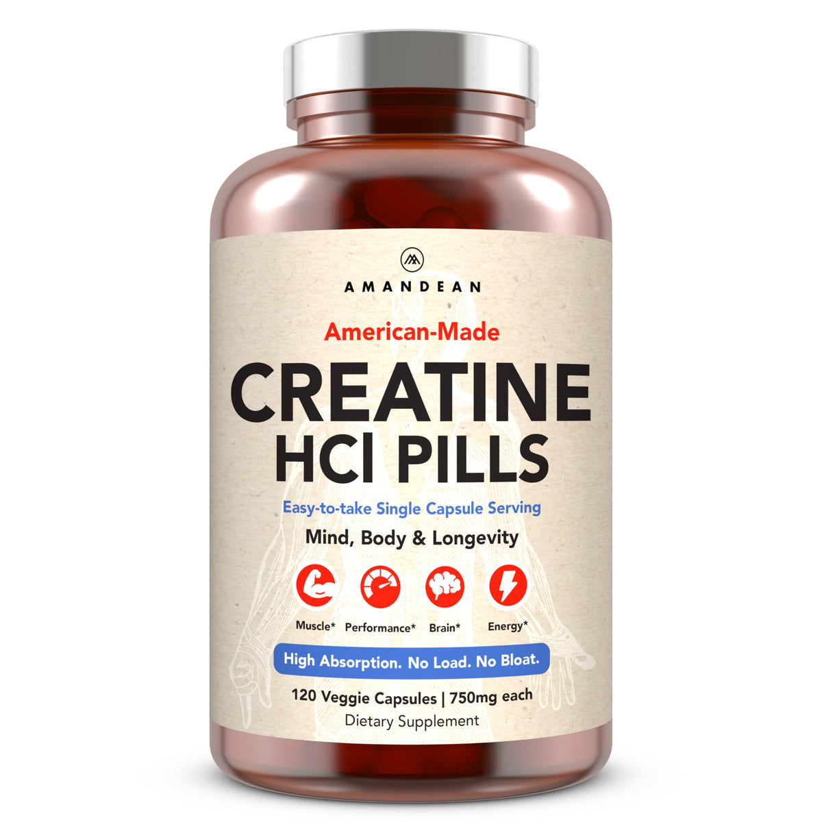 AMAND EAN Creatine HCl pills bottle front highlighting high-absorption energy support