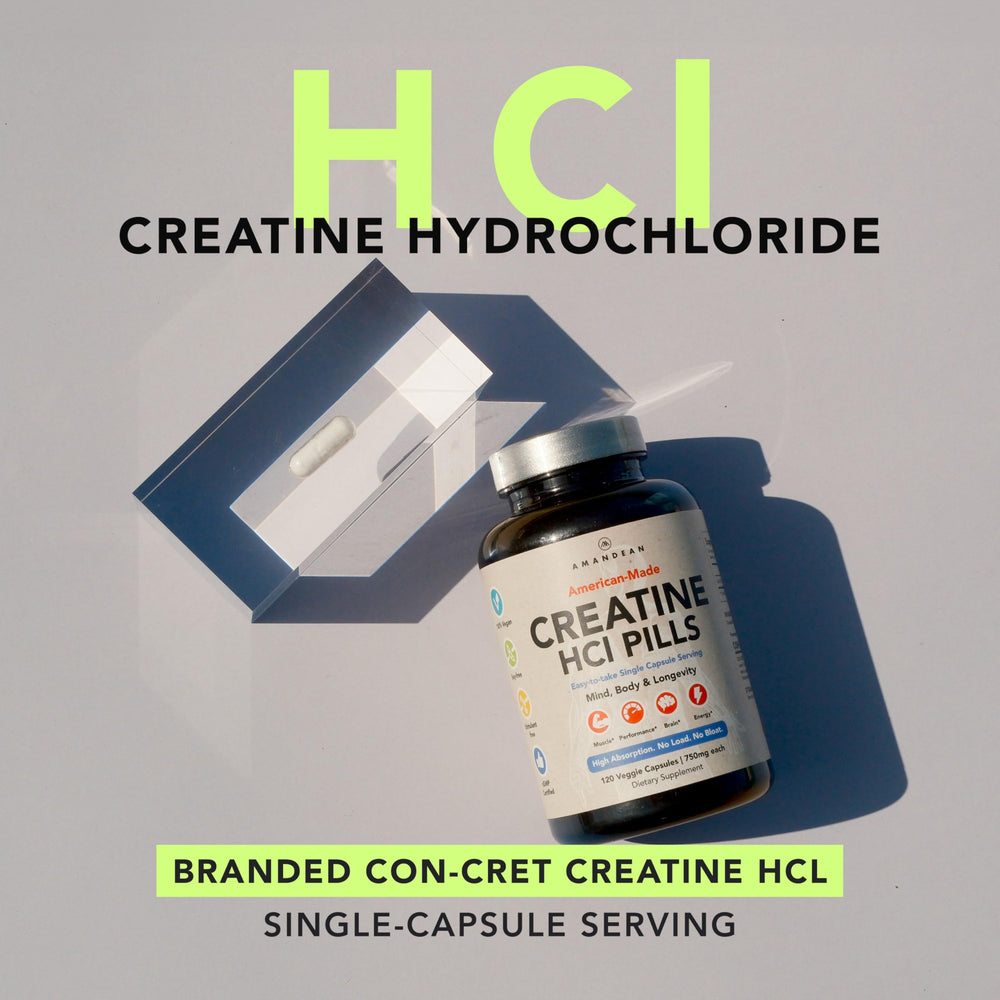 AMANDEAN Creatine HCl pills capsules closeup emphasizes premium ingredients