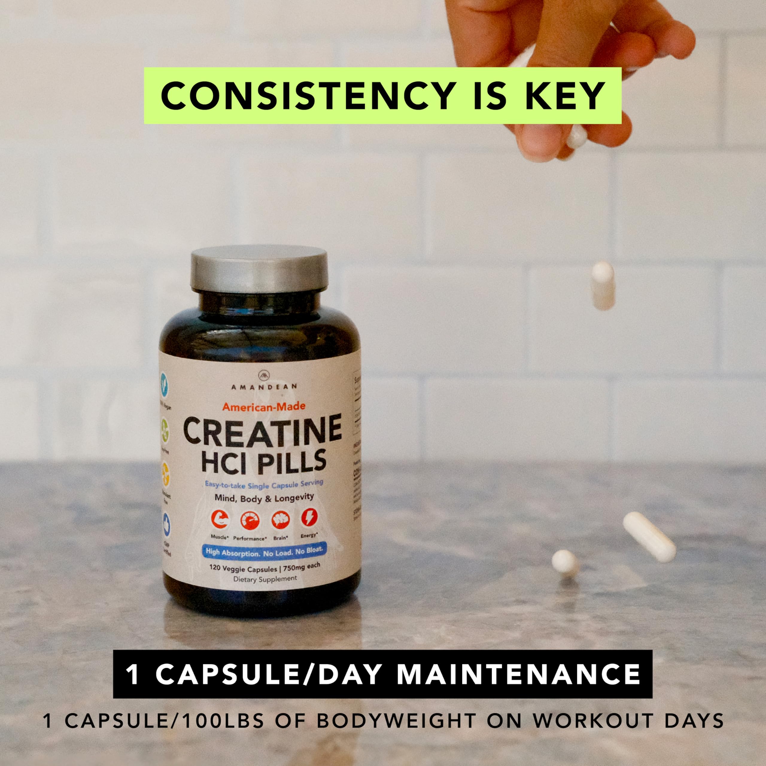 AMANDEAN Creatine HCl pills packaging with 120 capsules count