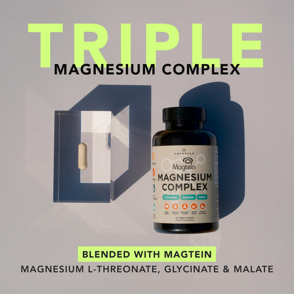 AMANDEAN Magtein three-in-one capsules, promoting balanced magnesium for energy, calm, and better sleep.
