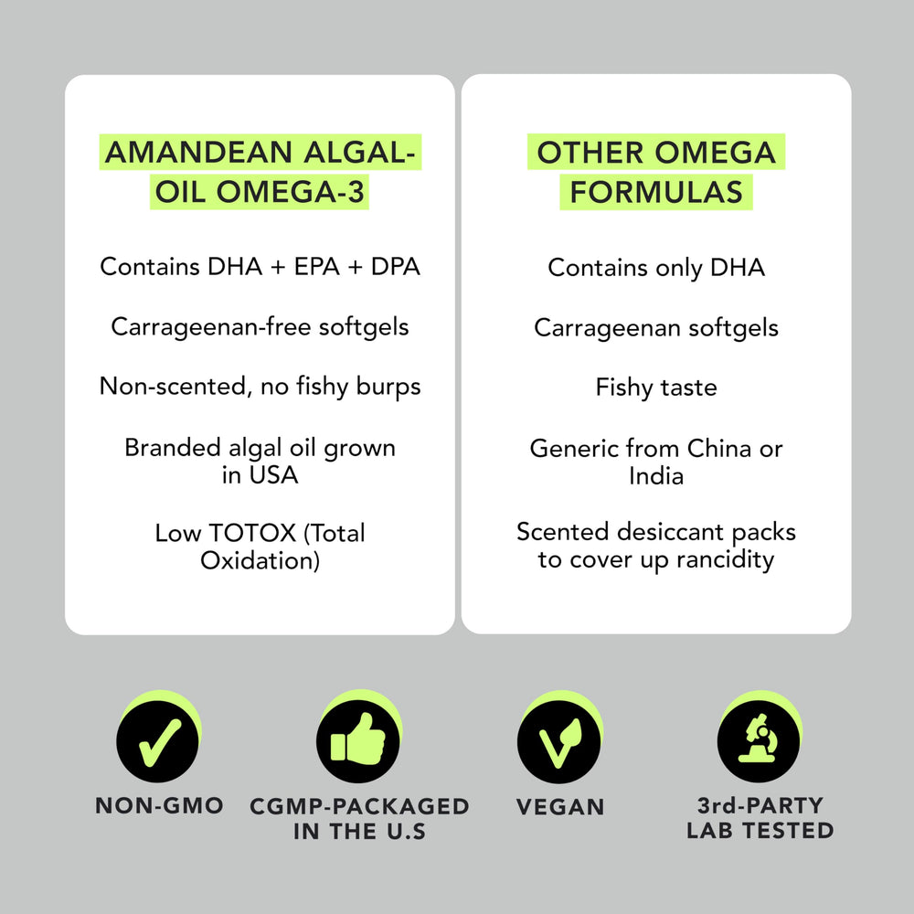 AMANDEAN USA-grown algae source, pure algal oil capsules.