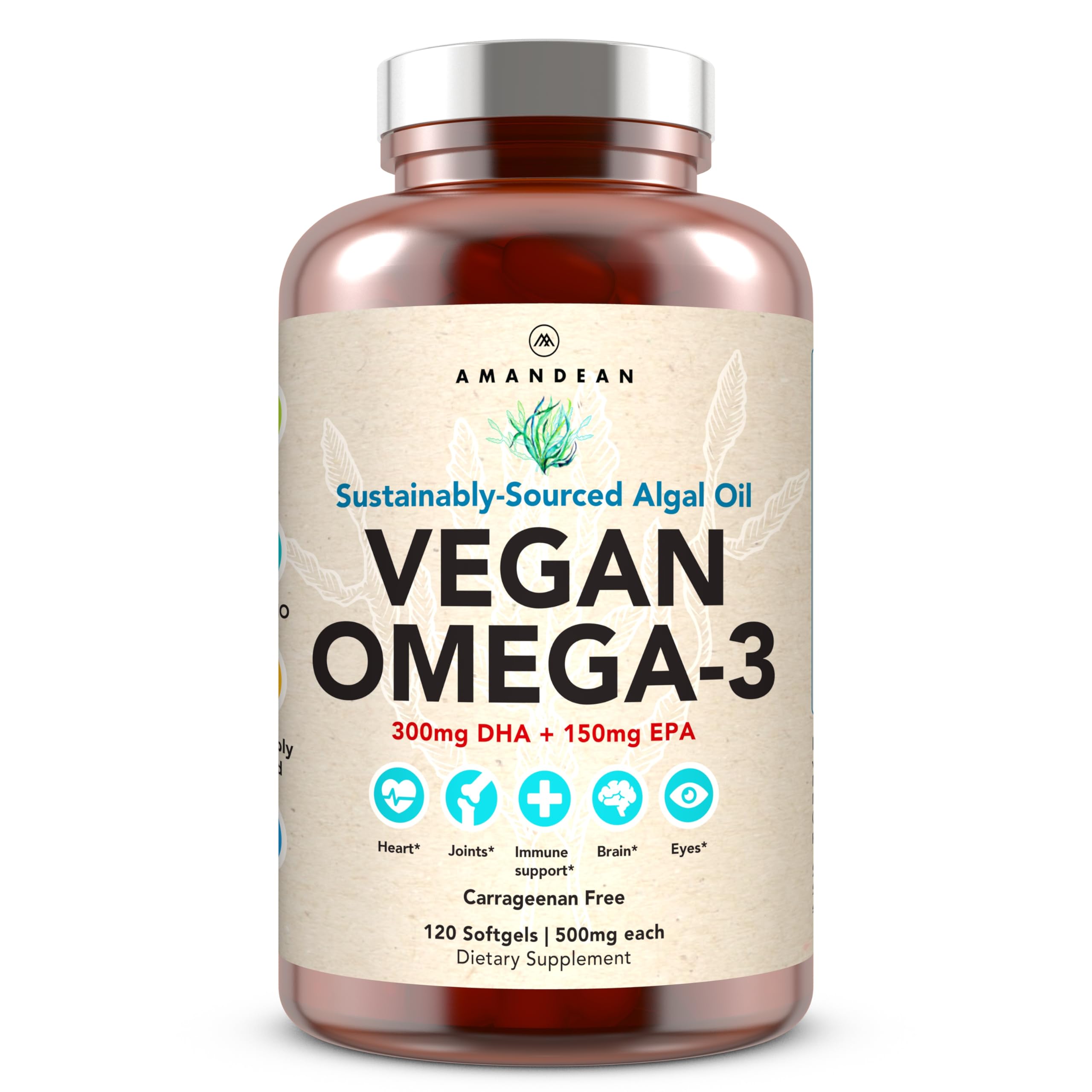 AMANDEAN Vegan Omega-3 softgels bottle, carrageenan-free and sustainably sourced.