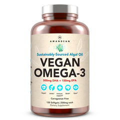 AMANDEAN Vegan Omega-3 softgels bottle, carrageenan-free and sustainably sourced.
