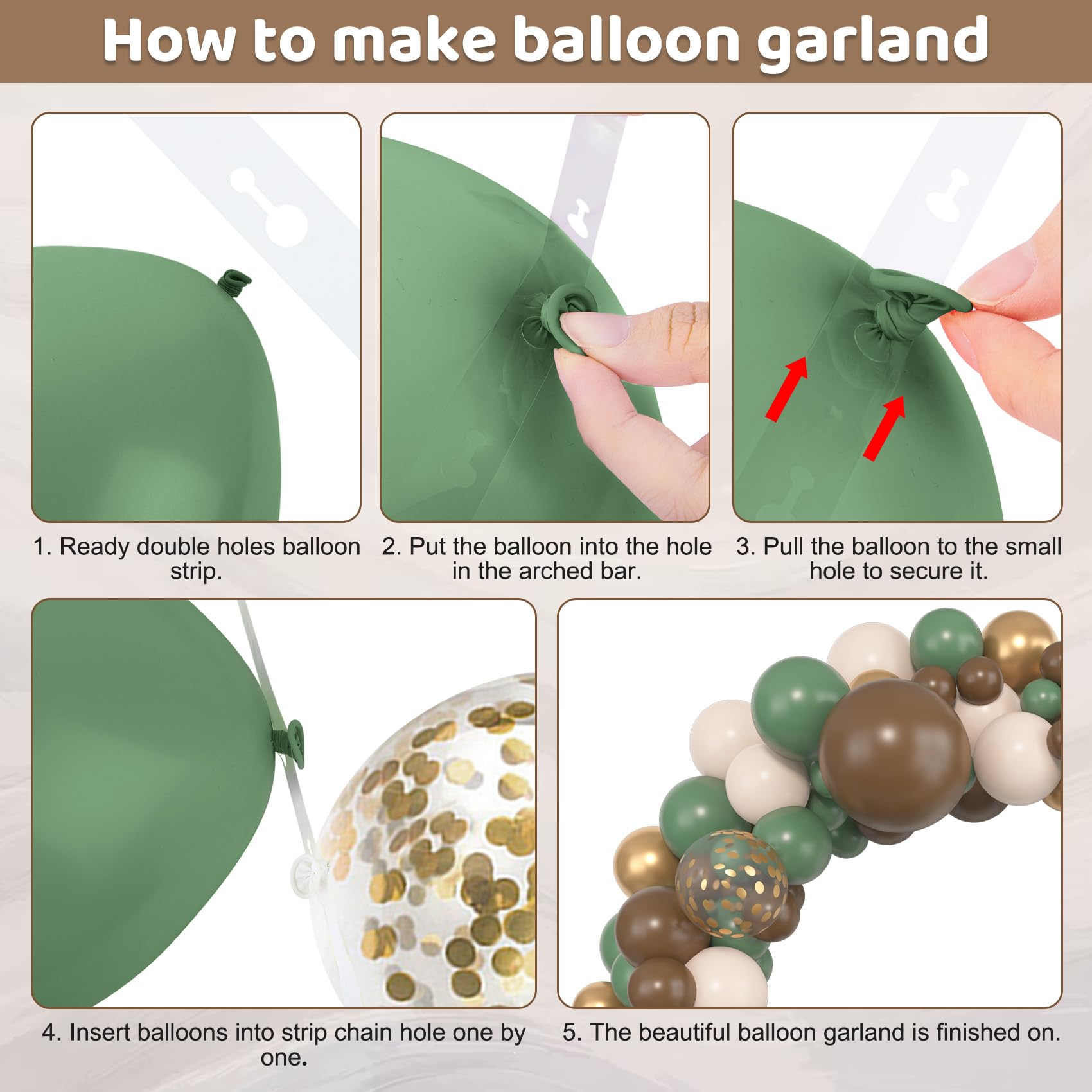 Amandir sage green 10in balloons with brown and gold accents for depth.