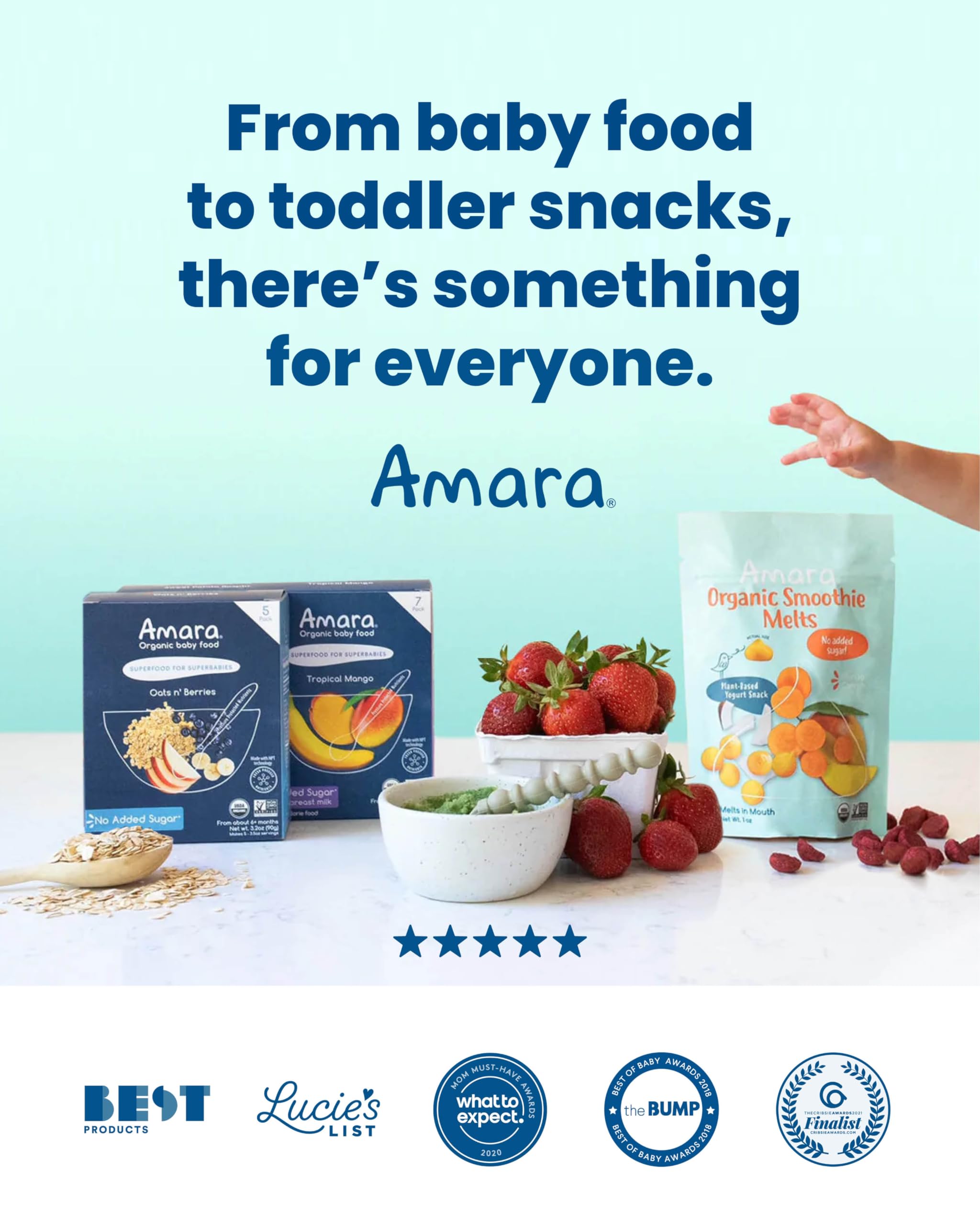 Amara brand logo on store display promoting organic baby food.