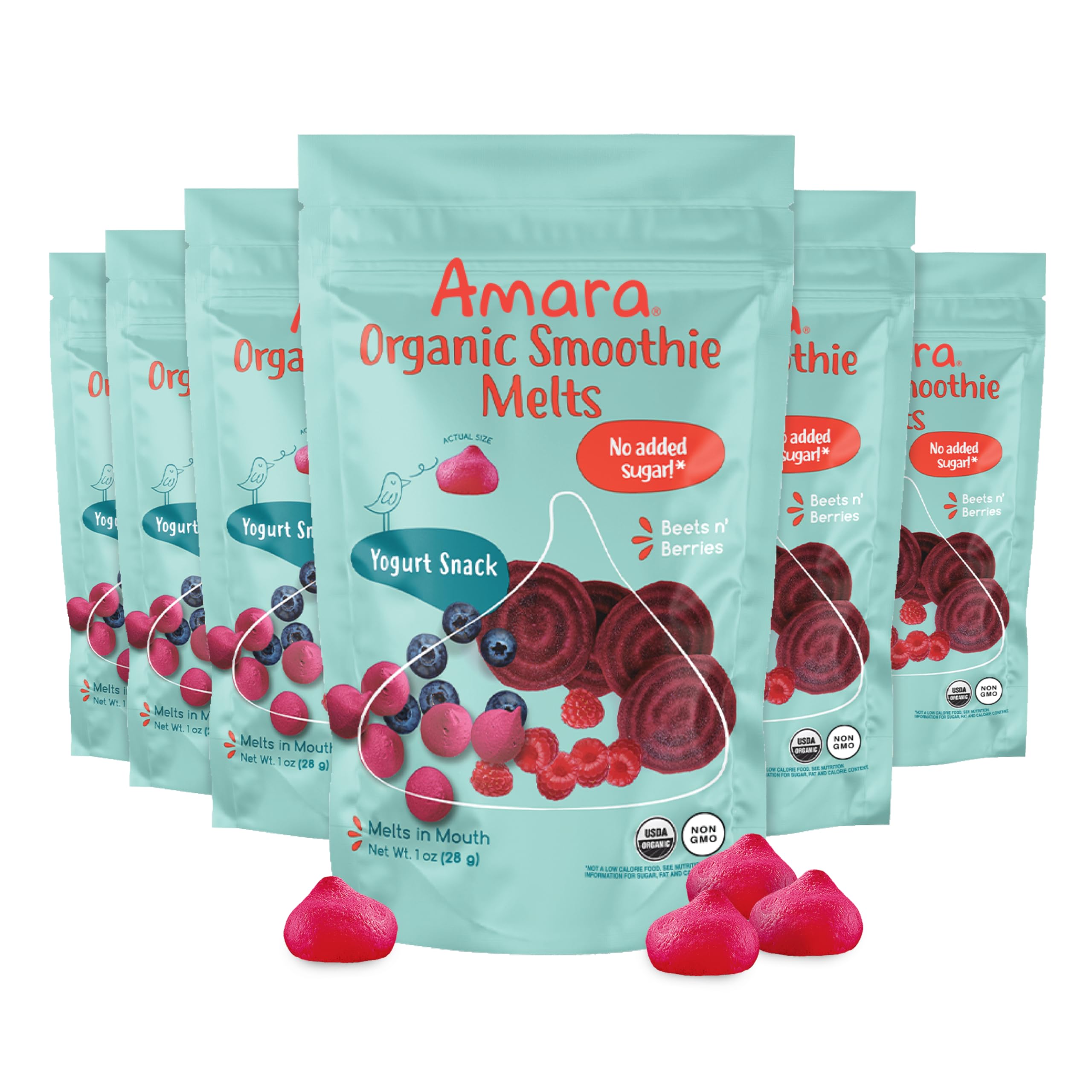 Amara Smoothie Melts packaging in a resealable bag for on-the-go snacking.