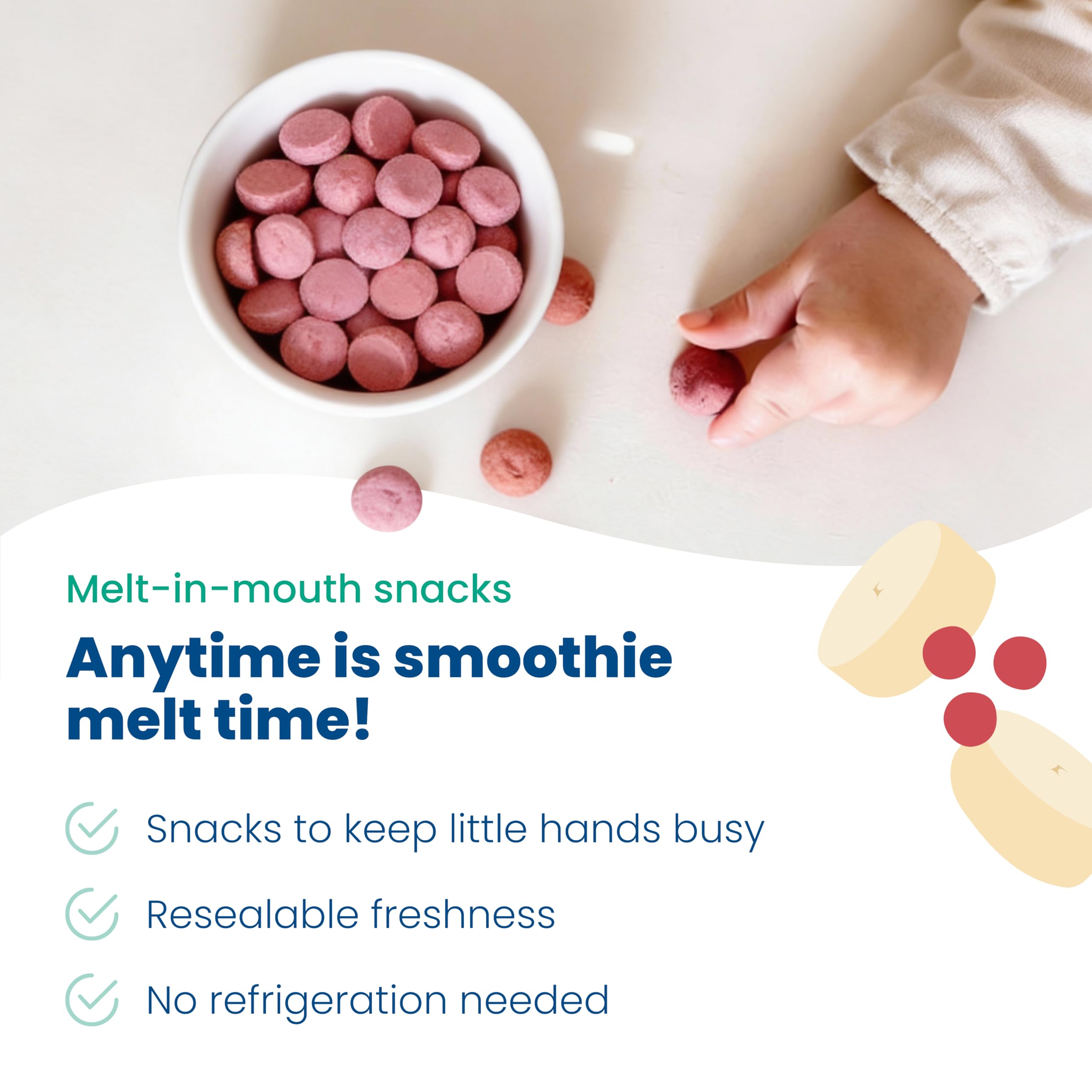 Amara Smoothie Melts resealable bag emphasizes convenient on-the-go snacking