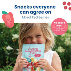 Amara Smoothie Melts toddler serving image demonstrates bite-sized easy-to-hold texture