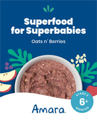 Amara Stage 2 baby-food pouch open to reveal textured puree for easy spoon feeding