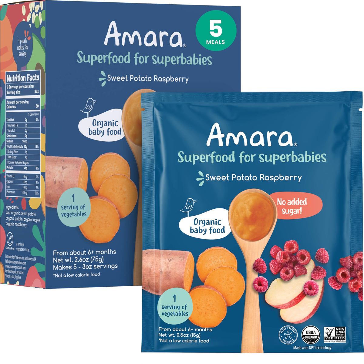 Amara Stage 2 Sweet Potato Raspberry pouch closed for on-the-go feeding.