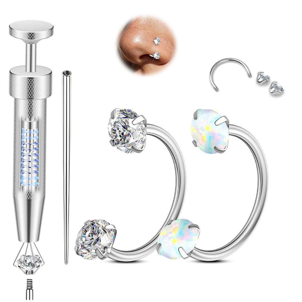 AMASIS 20G horseshoe nose ring set, complete kit for easy piercing care.