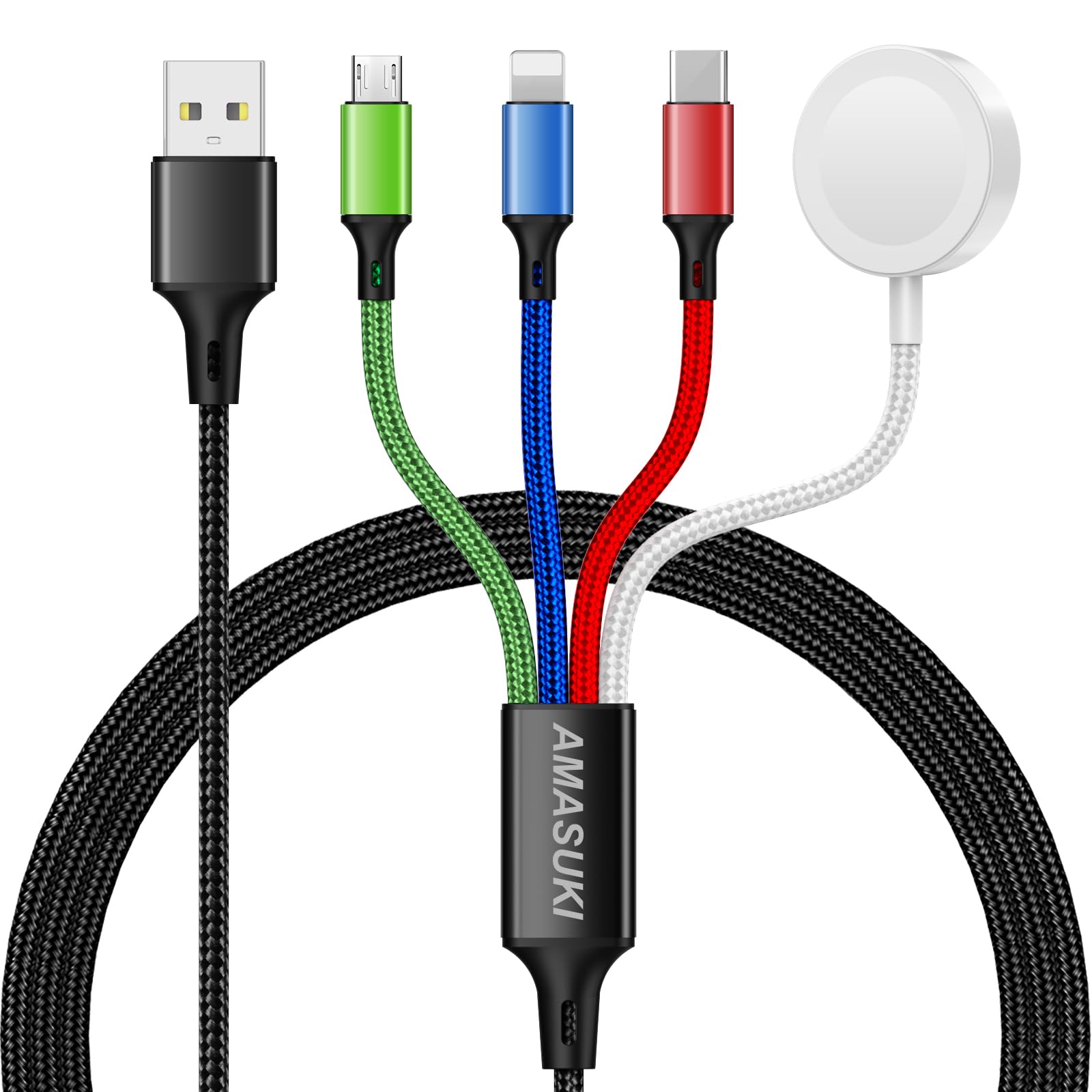 Amasuki 4-in-1 charging cord close-up with USB-C, Lightning, Micro, and iWatch ports for travel