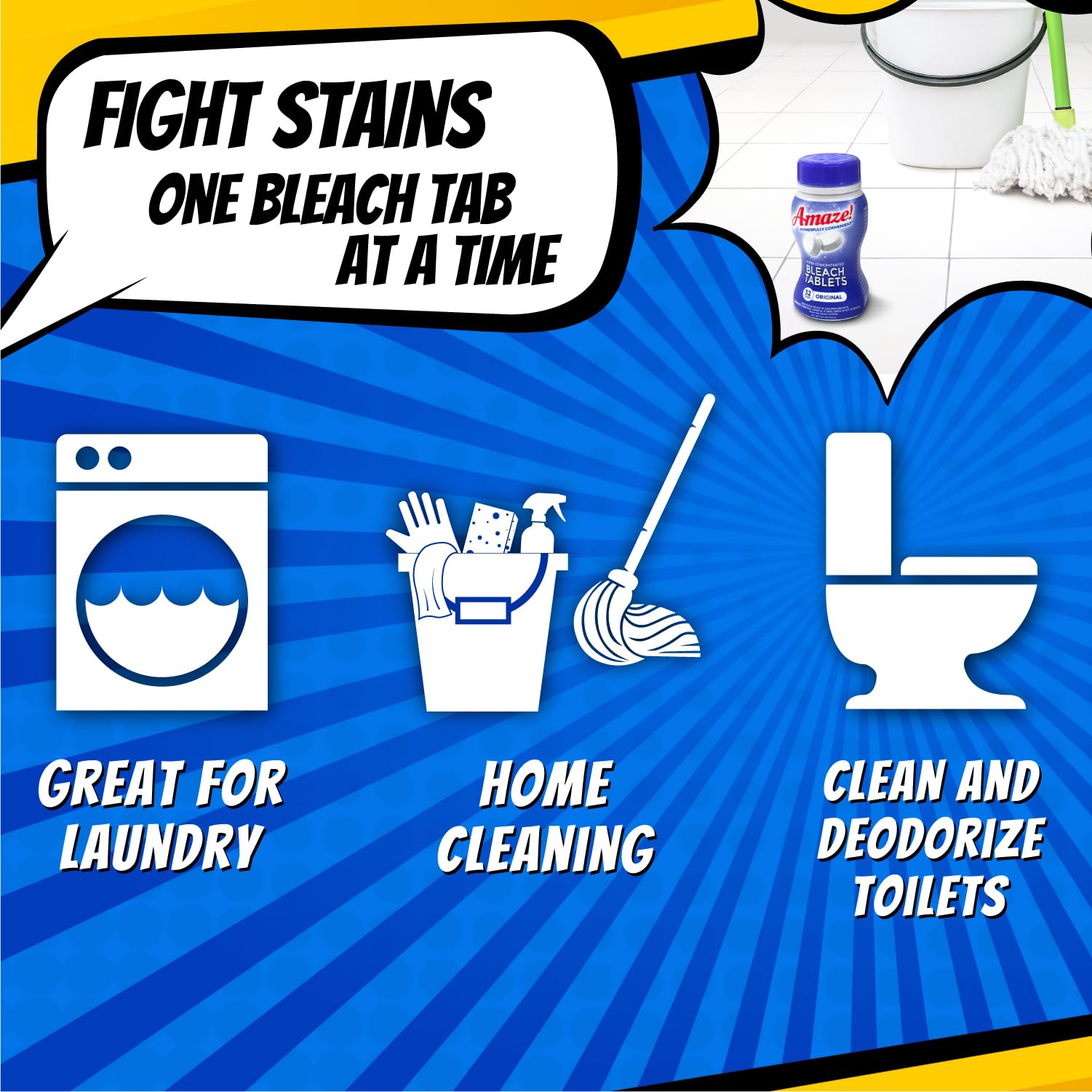 AMAZE Bleach Tablets dissolved in water to clean hard, nonporous surfaces.