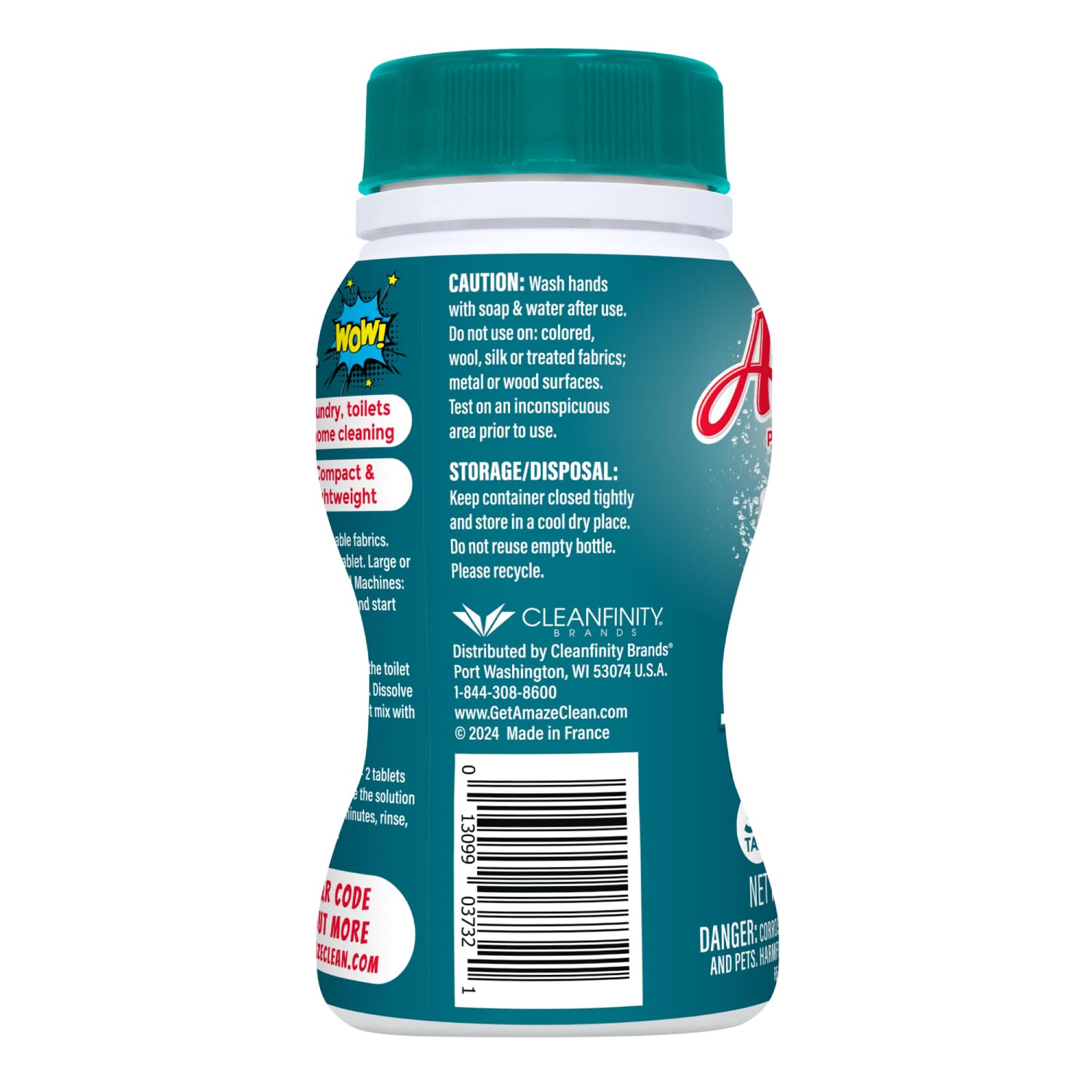 AMAZE Meadow Scent tablet in washing machine for stain removal.