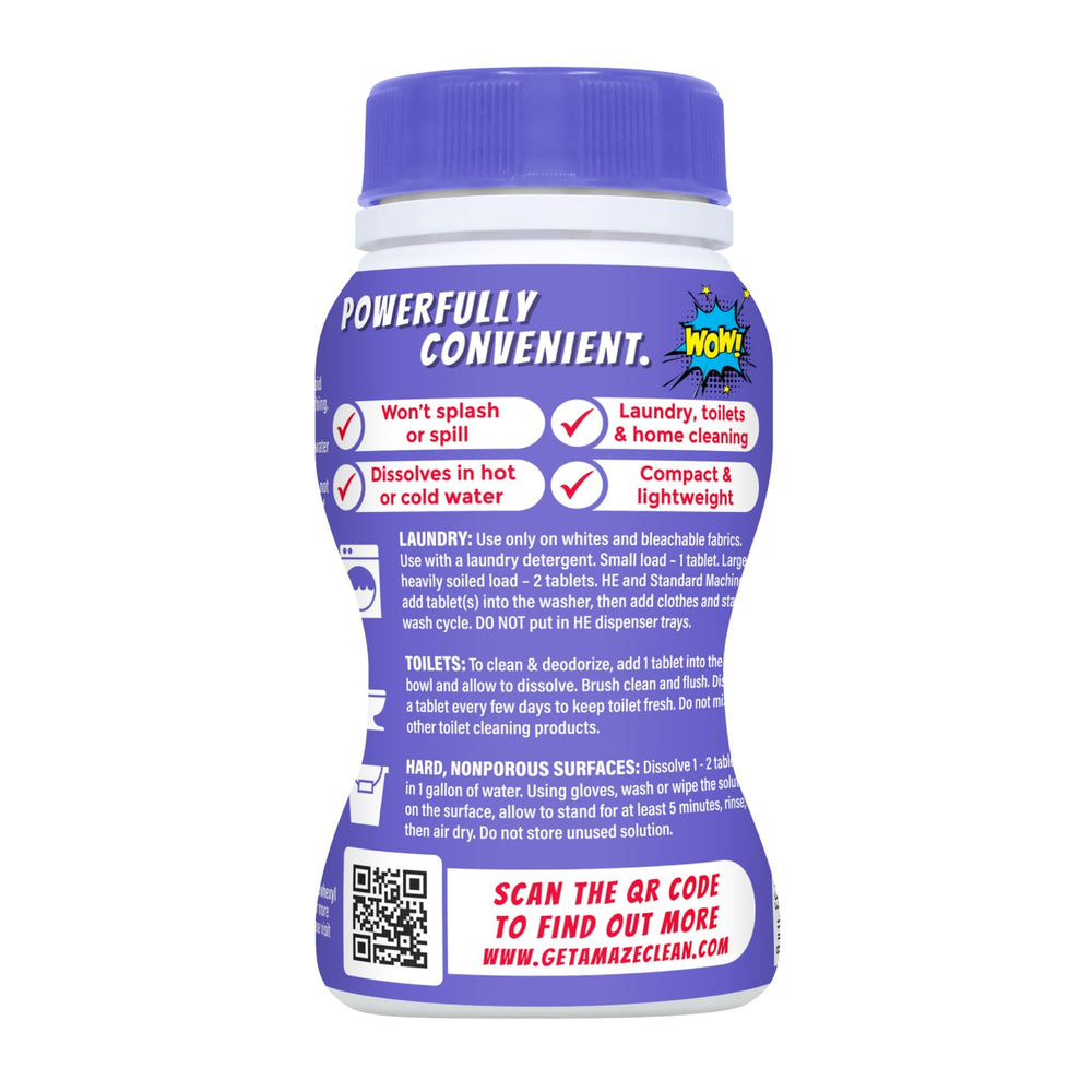 AMAZE tablet in washing machine drum shows versatile laundry whitening.