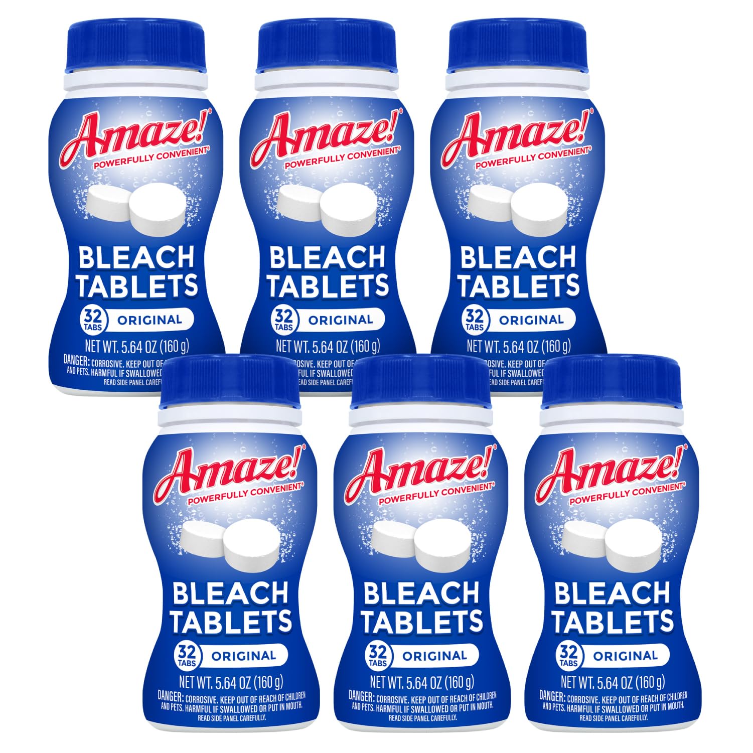 AMAZE Ultra Concentrated Bleach Tablets packaging shows eco-friendly six-bottle set.