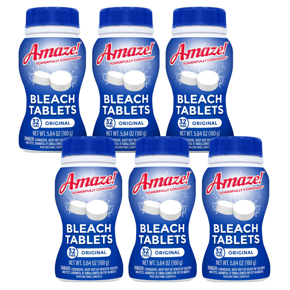 AMAZE Ultra Concentrated Bleach Tablets packaging shows eco-friendly six-bottle set.