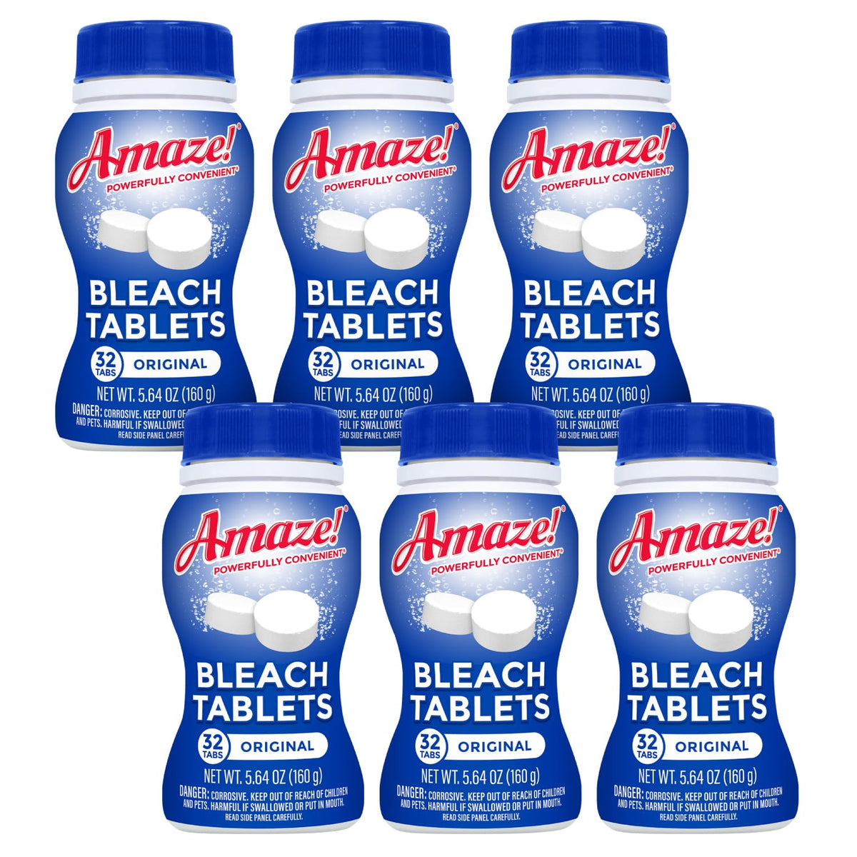 AMAZE Ultra Concentrated Bleach Tablets packaging shows eco-friendly six-bottle set.