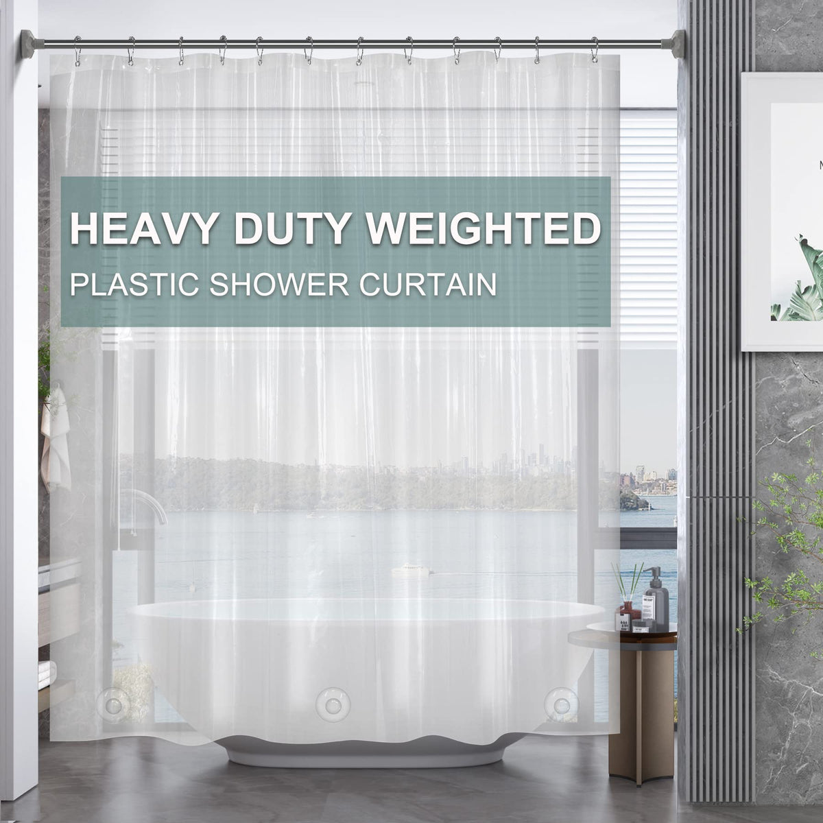 AmazerBath 78-inch clear shower curtain liner with water-beading surface for a dry floor.