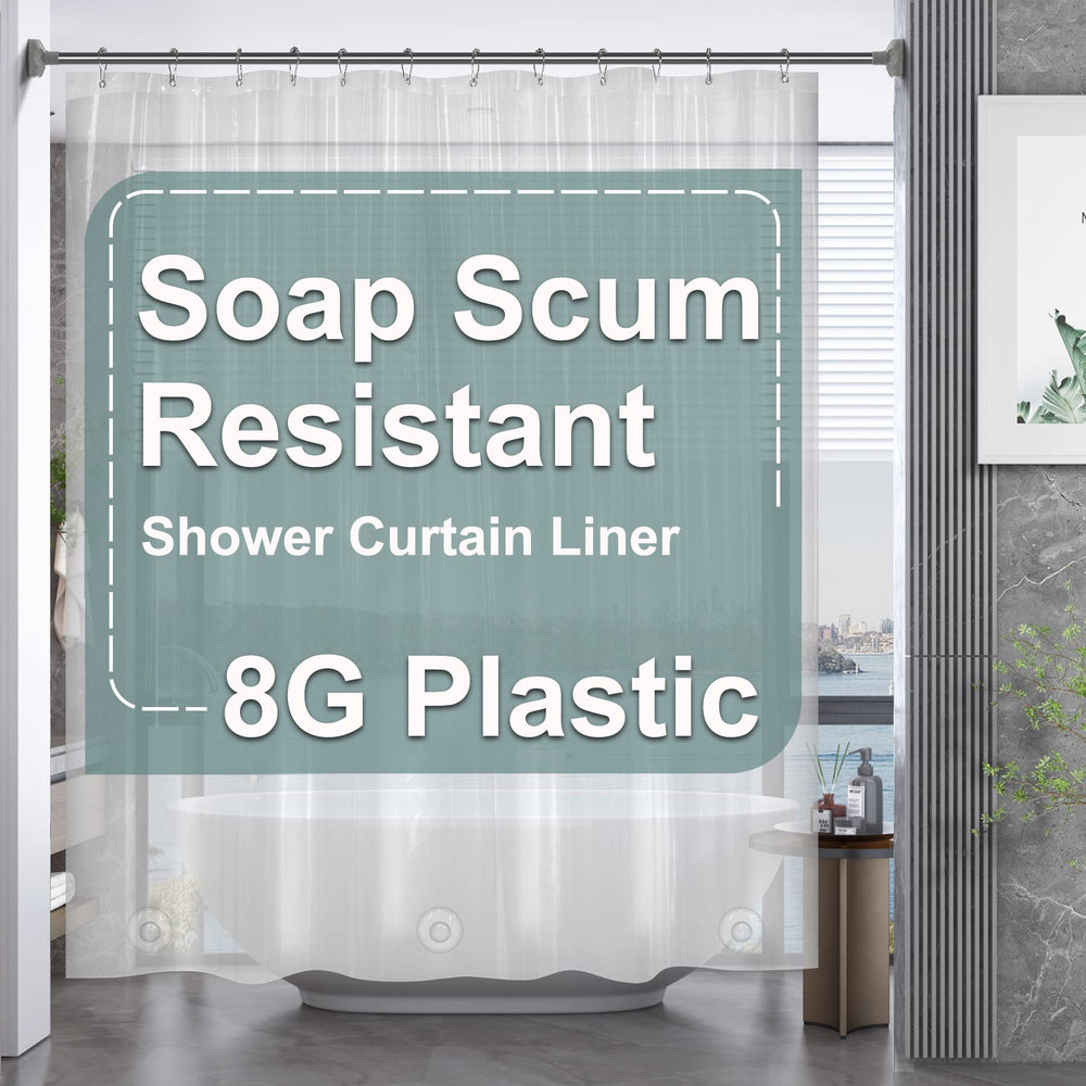 AmazerBath clear 84-inch shower curtain liner with 12 rustproof grommets.
