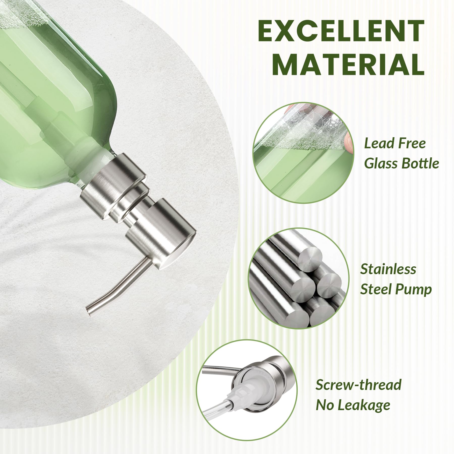 AmazerBath glass dispenser close-up with stainless pump resisting corrosion