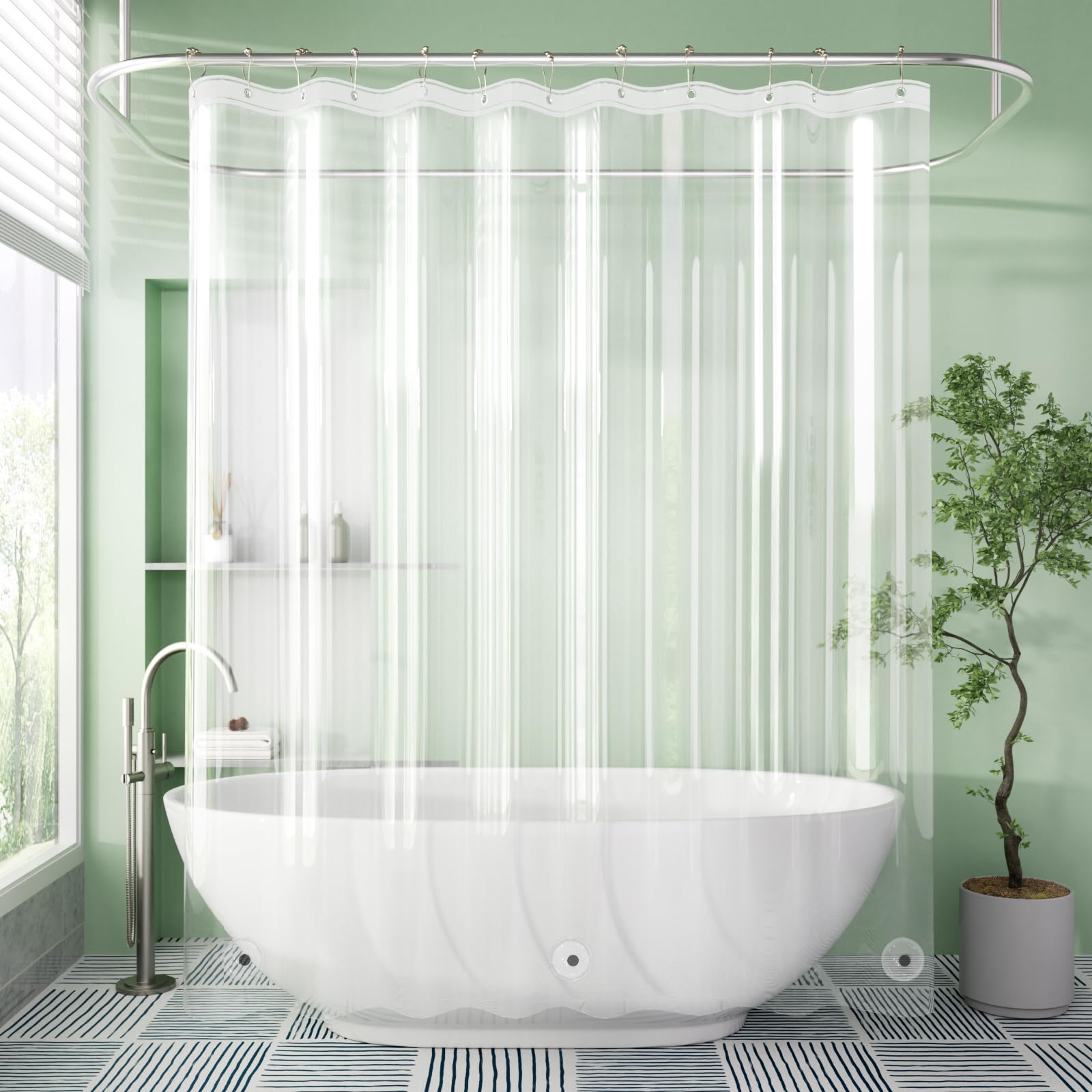 AmazerBath classic blue liner pairs with decorative curtains for an easy upgrade.