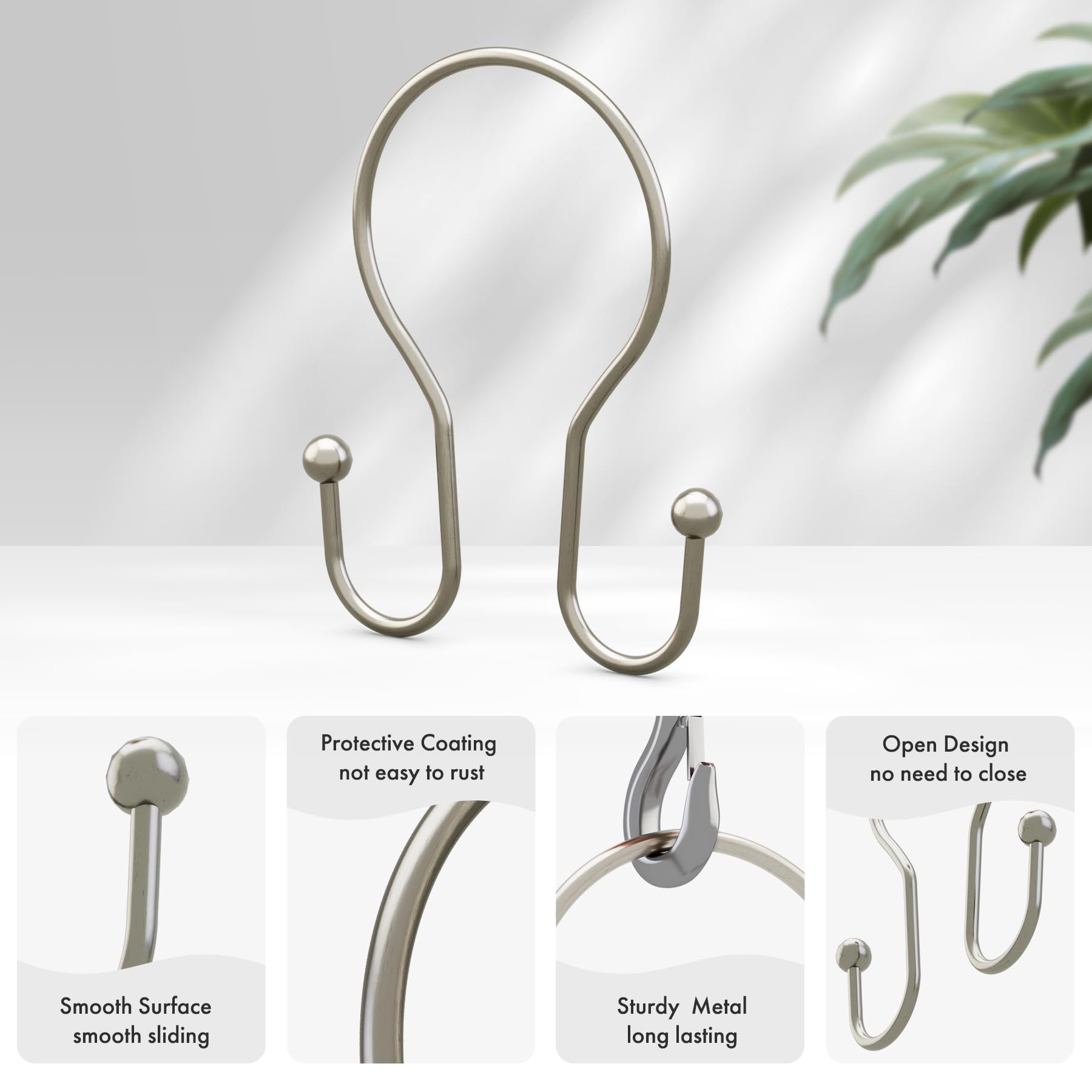 AmazerBath double-hook design holds curtain and liner securely for balanced hanging
