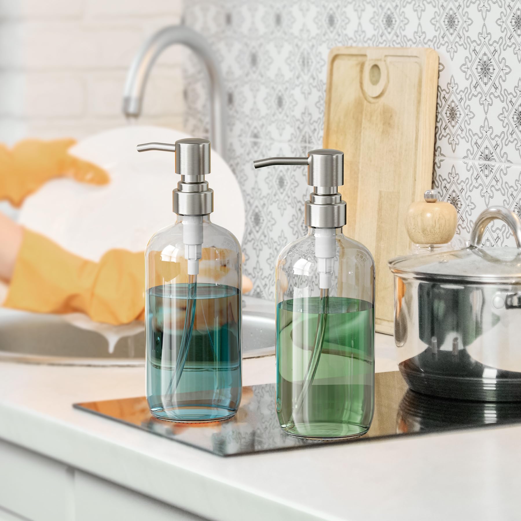 Two AmazerBath dispensers on a bathroom sink pairing with decor