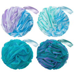 AmazerBath loofah sponge green and purple four-color pack provides rich lather and exfoliation.