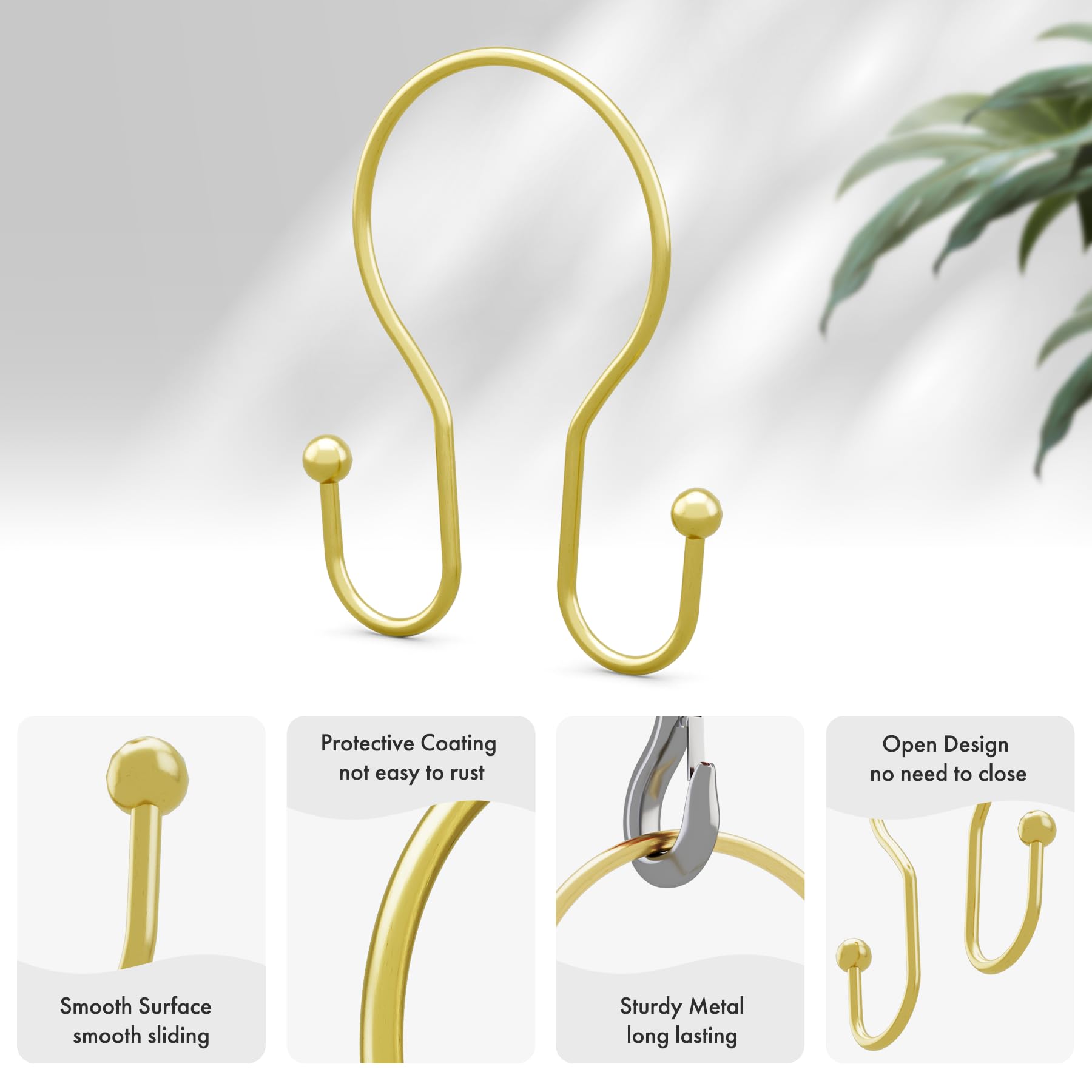 AmazerBath rust-proof gold shower curtain hooks glide smoothly along the rod.
