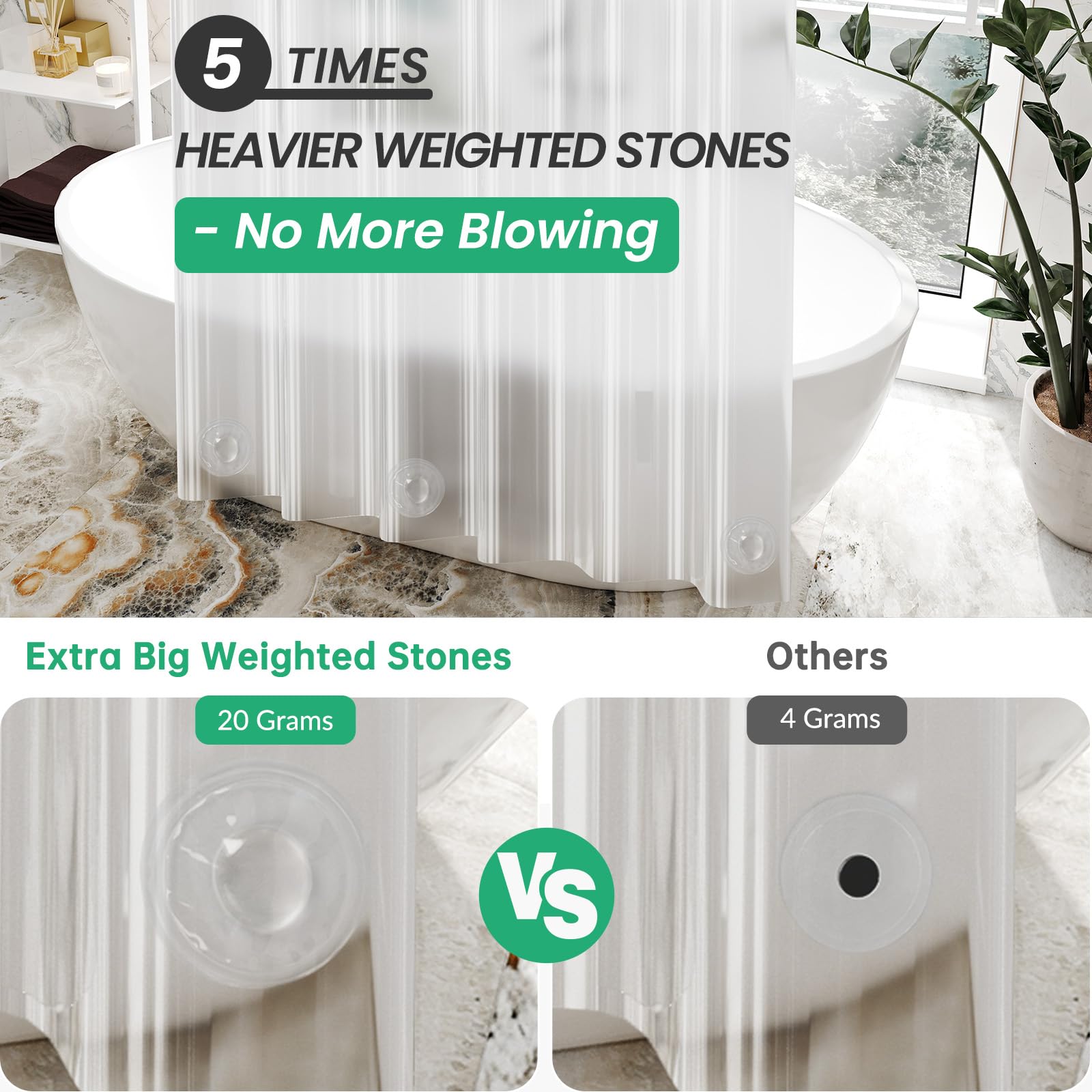 AmazerBath curtain with three weighted stones keeps liner in place.