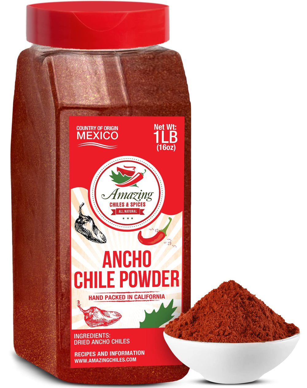 Amazing Chiles & Spices ancho powder bottle front, premium all-natural seasoning for rich sauces.