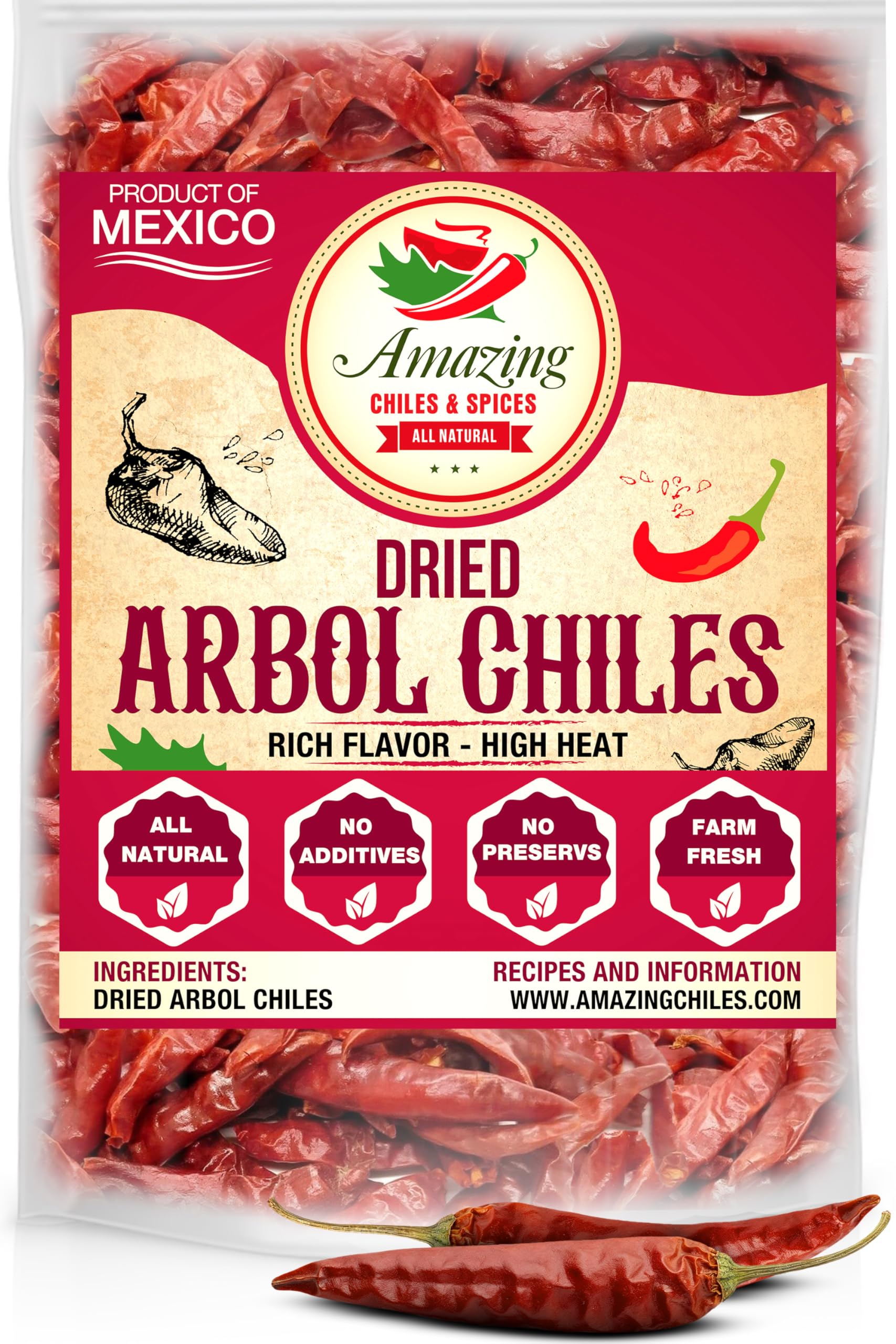 Amazing Chiles & Spices Chile De Arbol 4oz dried peppers on display for vibrant flavor.