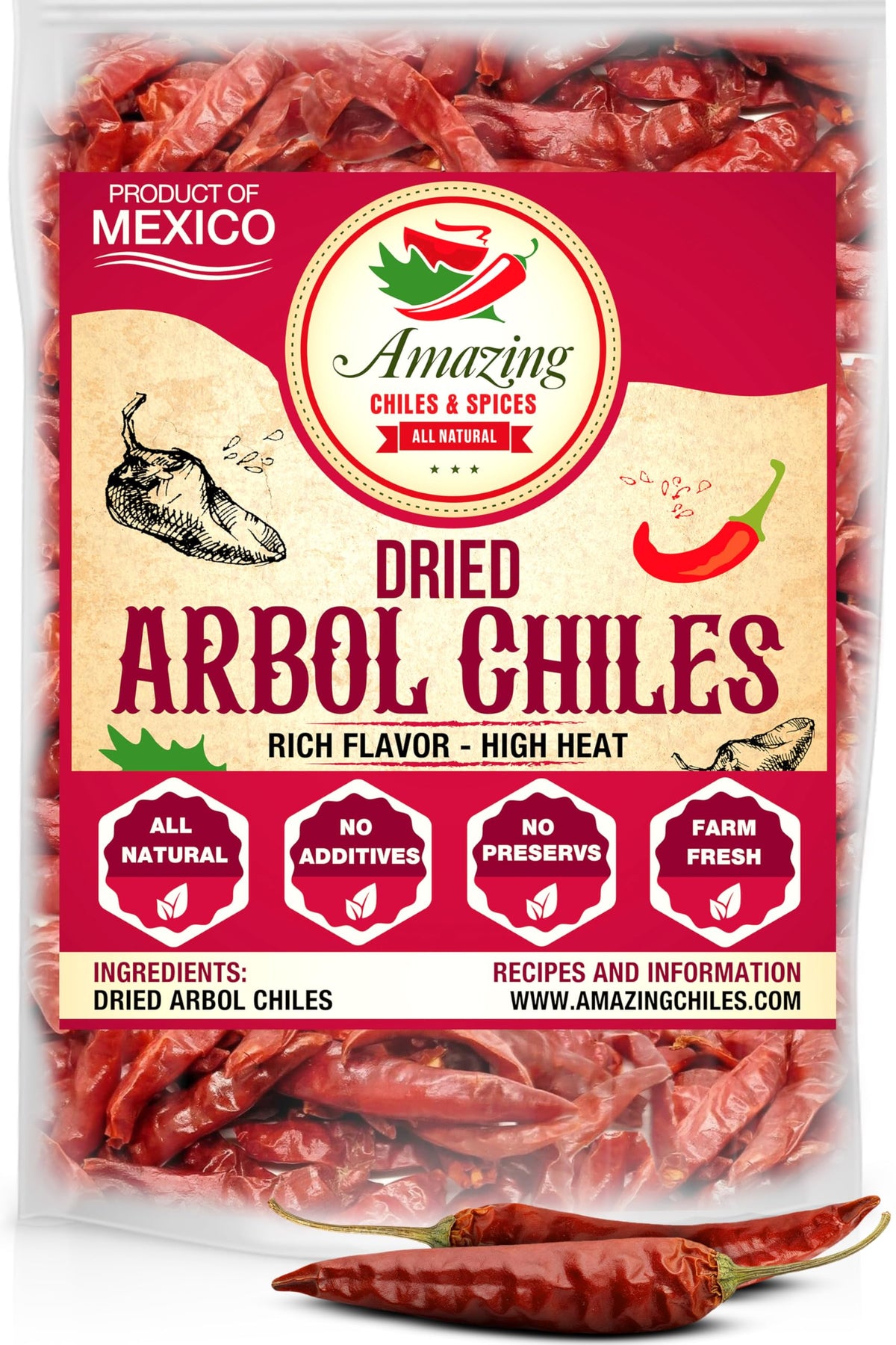 Amazing Chiles & Spices Chile De Arbol 4oz dried peppers on display for vibrant flavor.