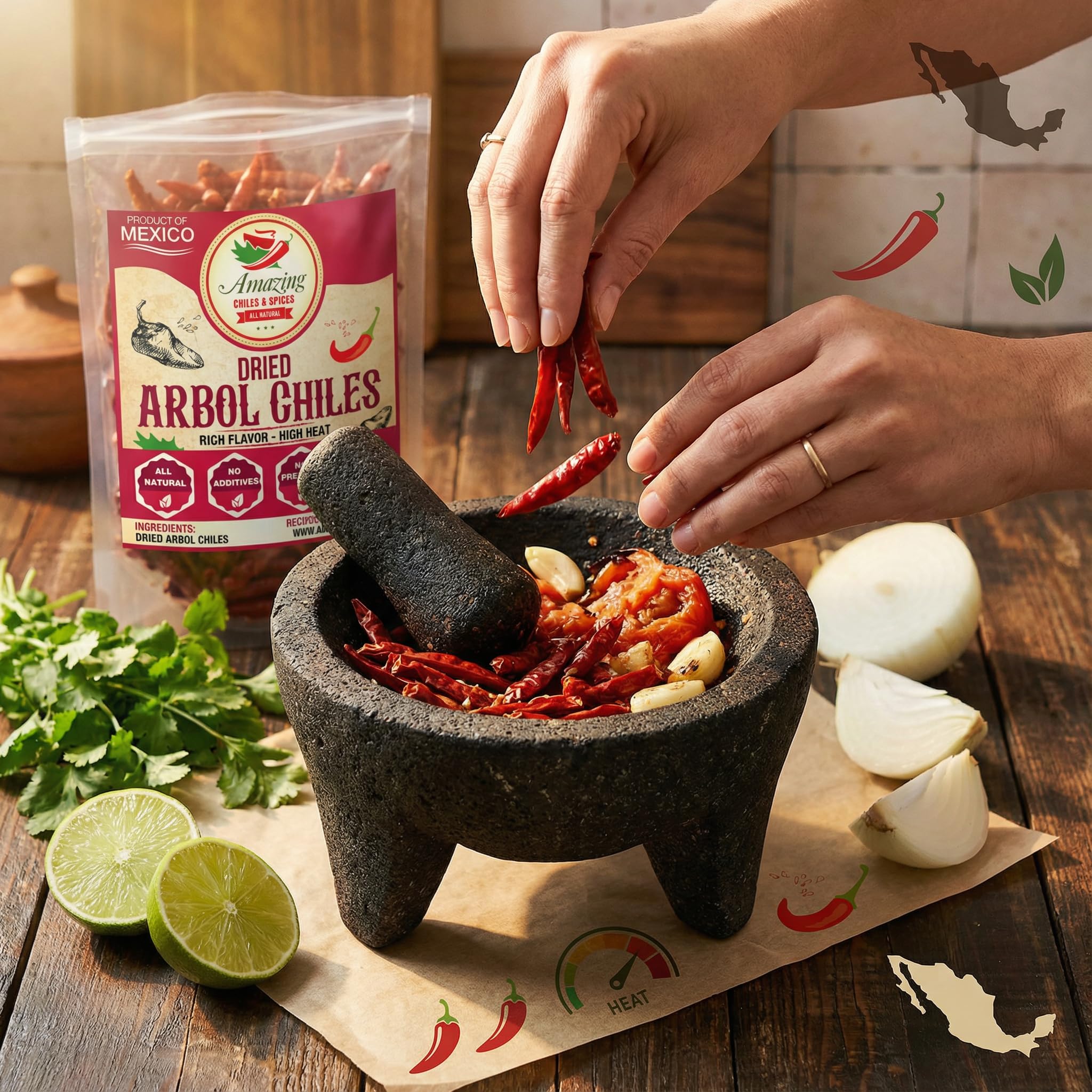 Amazing Chiles & Spices Chile De Arbol on kitchen spice shelf for everyday heat.