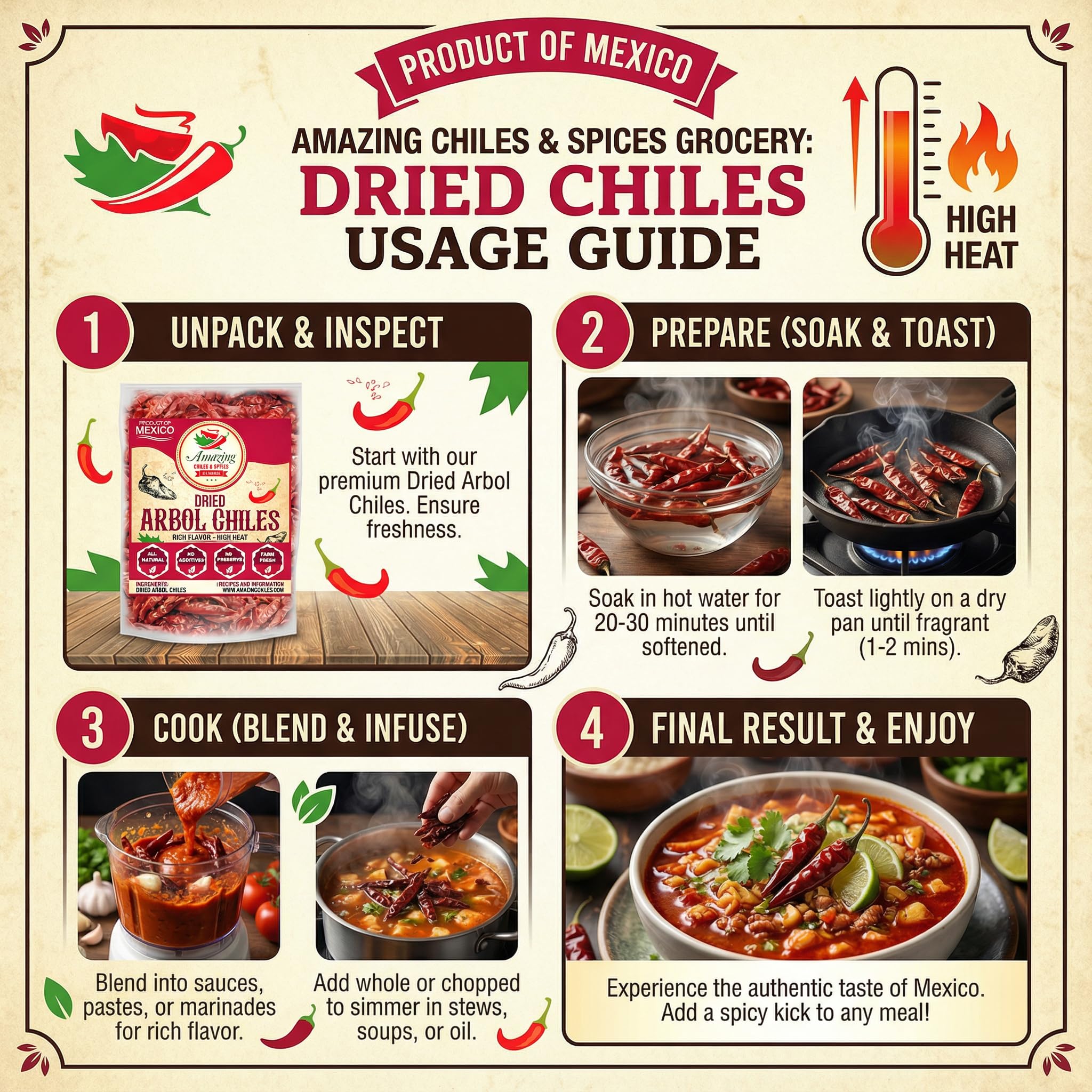 Amazing Chiles & Spices Chile De Arbol resealable bag preserving freshness between uses.