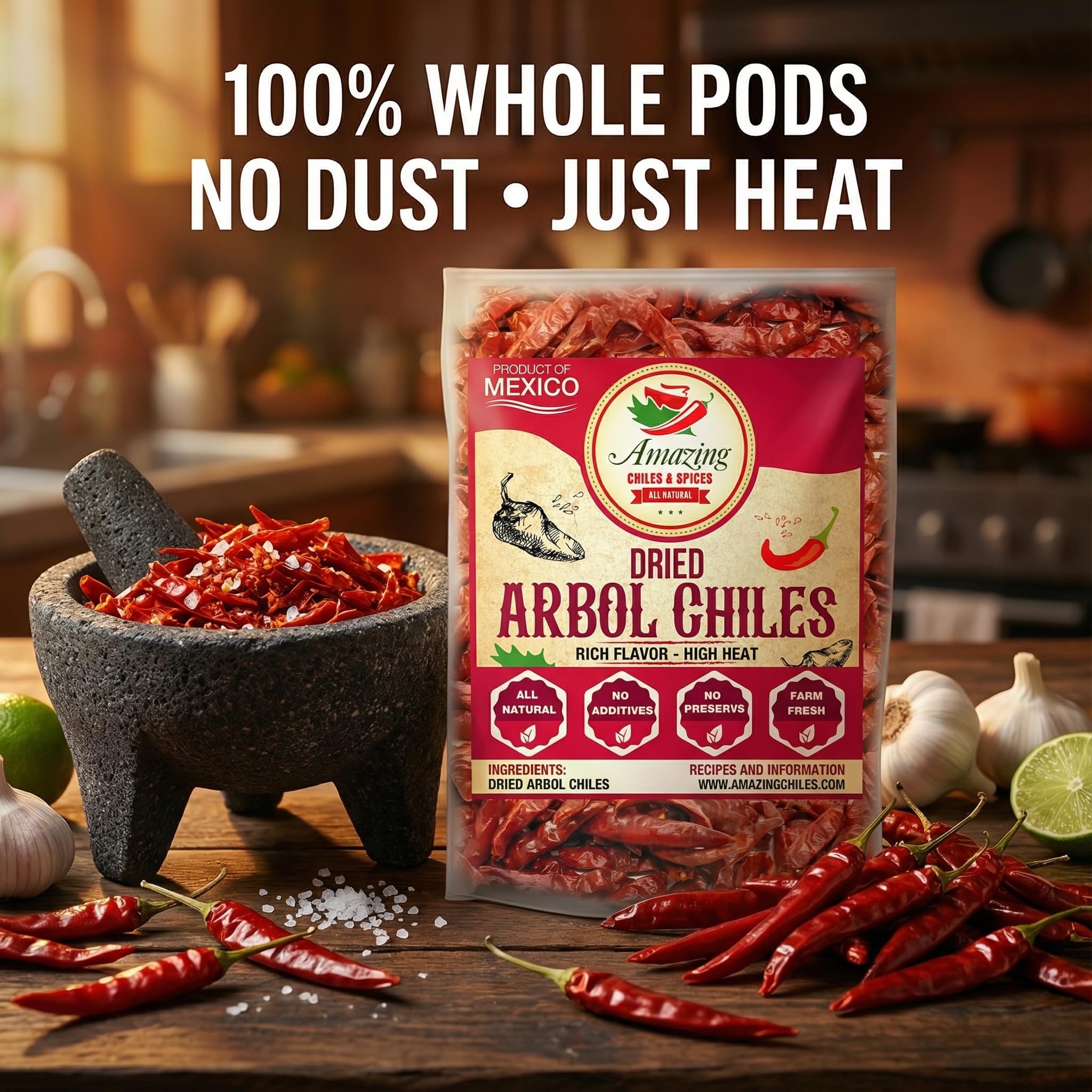 Amazing Chiles & Spices Chile De Arbol smoky aroma enhances stir-fries.