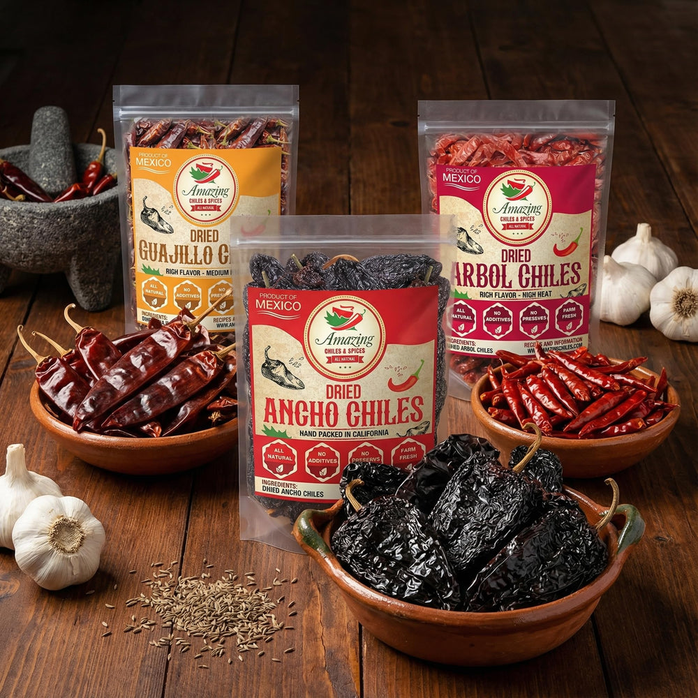 Amazing Chiles & Spices arbol dried chiles deliver bold heat for vibrant dishes.