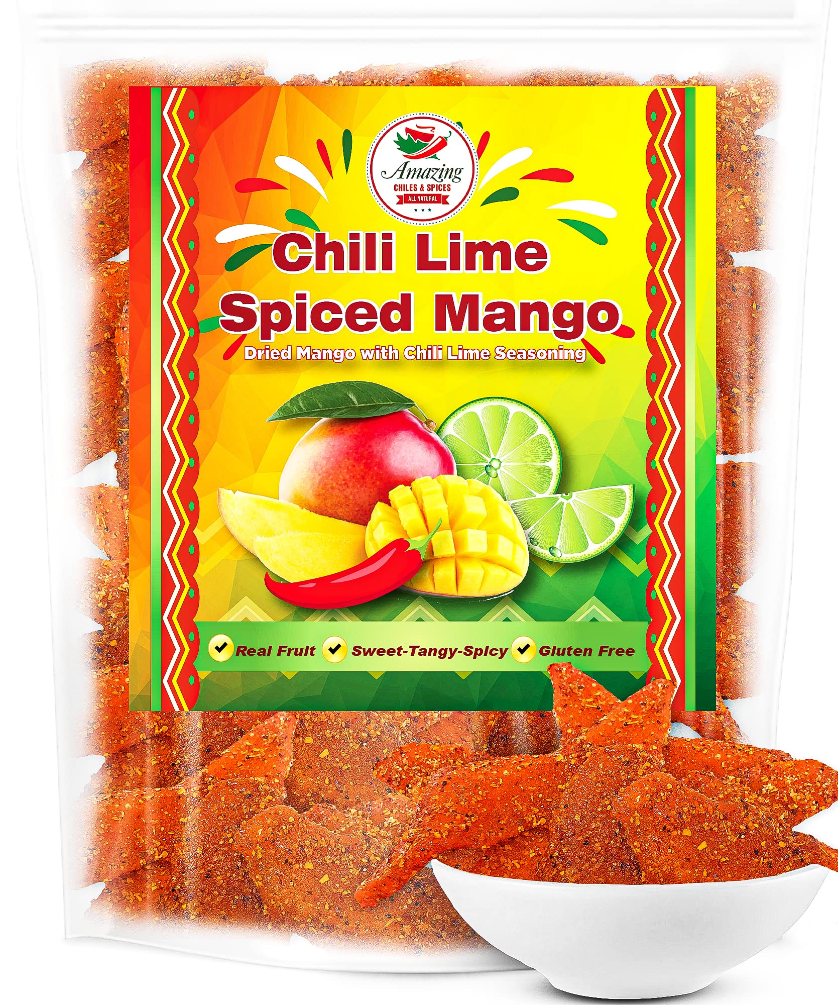 Amazing Chiles & Spices chili-lime dried mango slices closeup, chewy and flavorful.