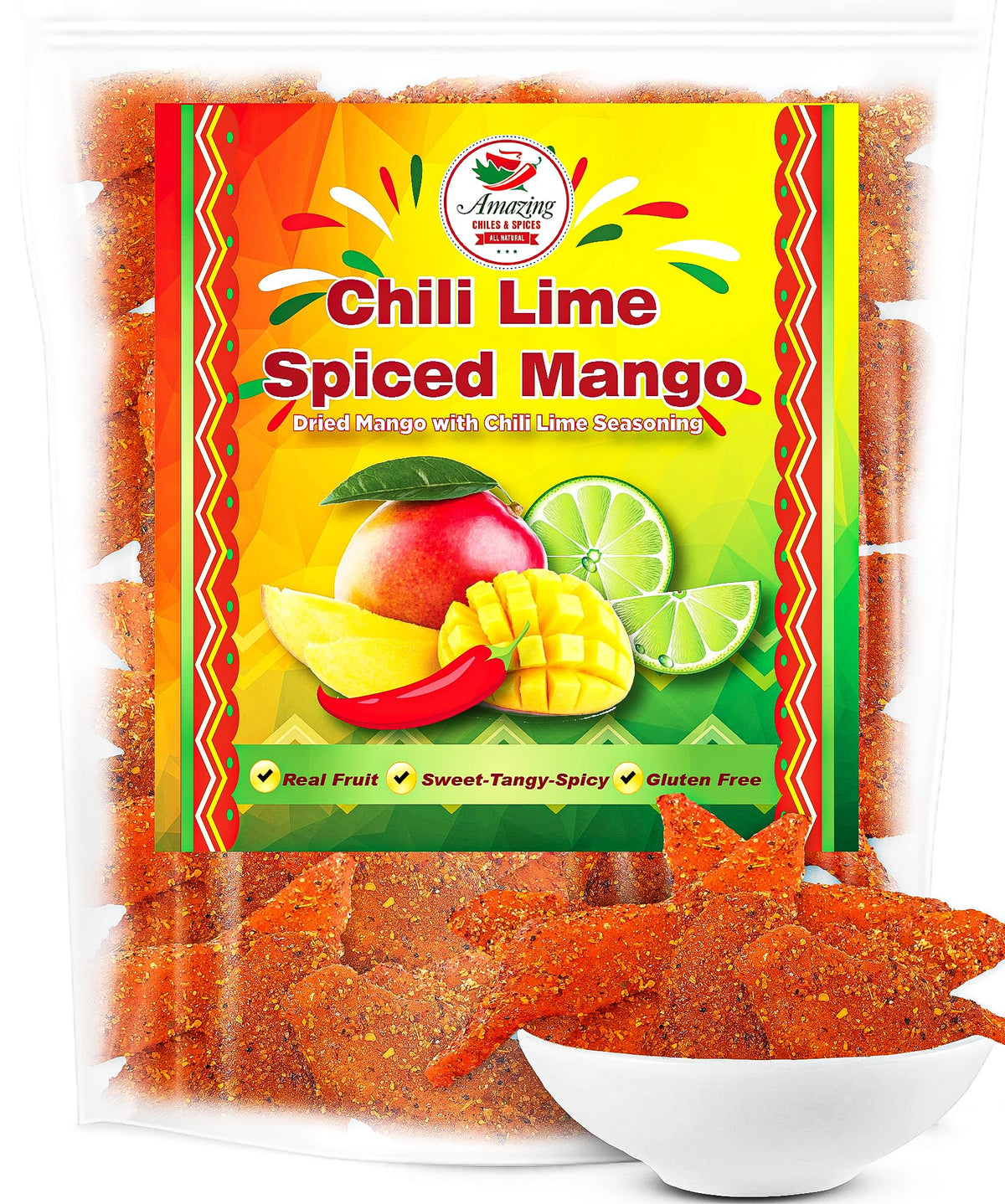 Amazing Chiles & Spices chili-lime dried mango slices closeup, chewy and flavorful.