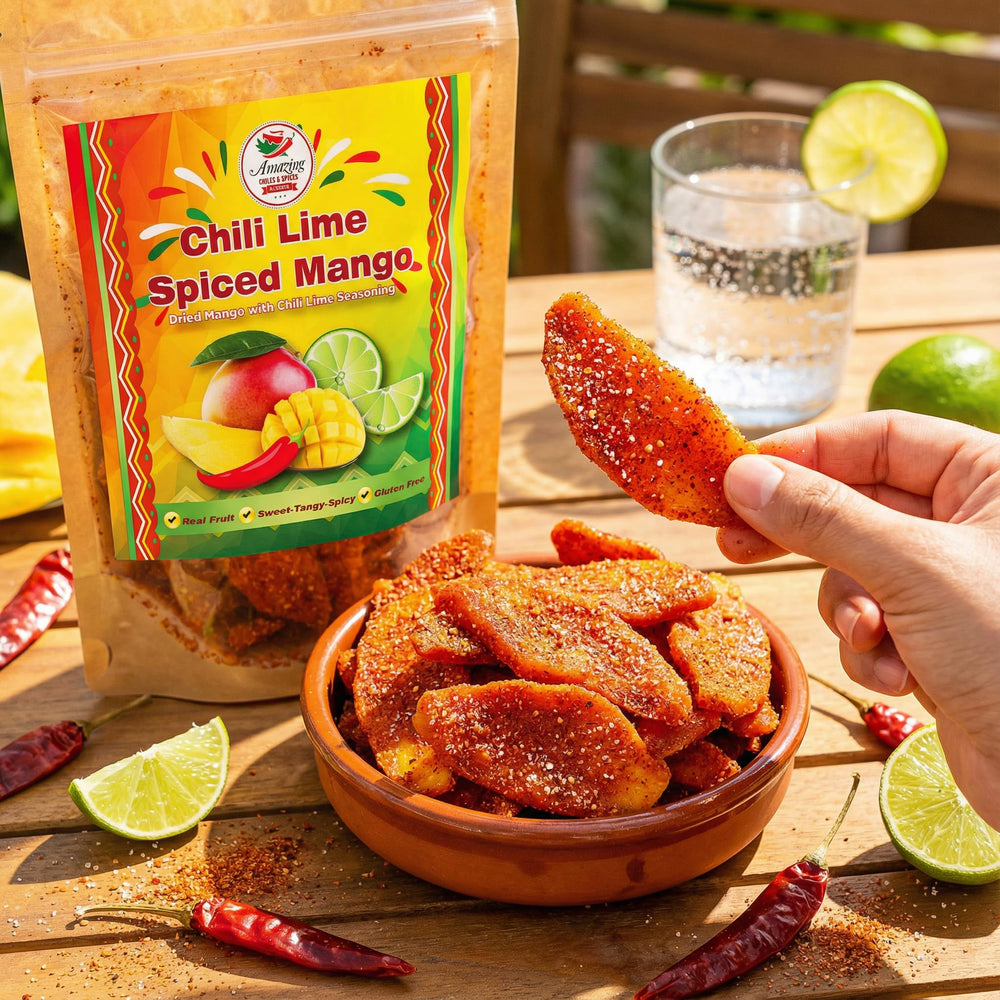 Amazing Chiles & Spices chili-lime dried mango slices ingredients in glass bowl, all-natural fruit.