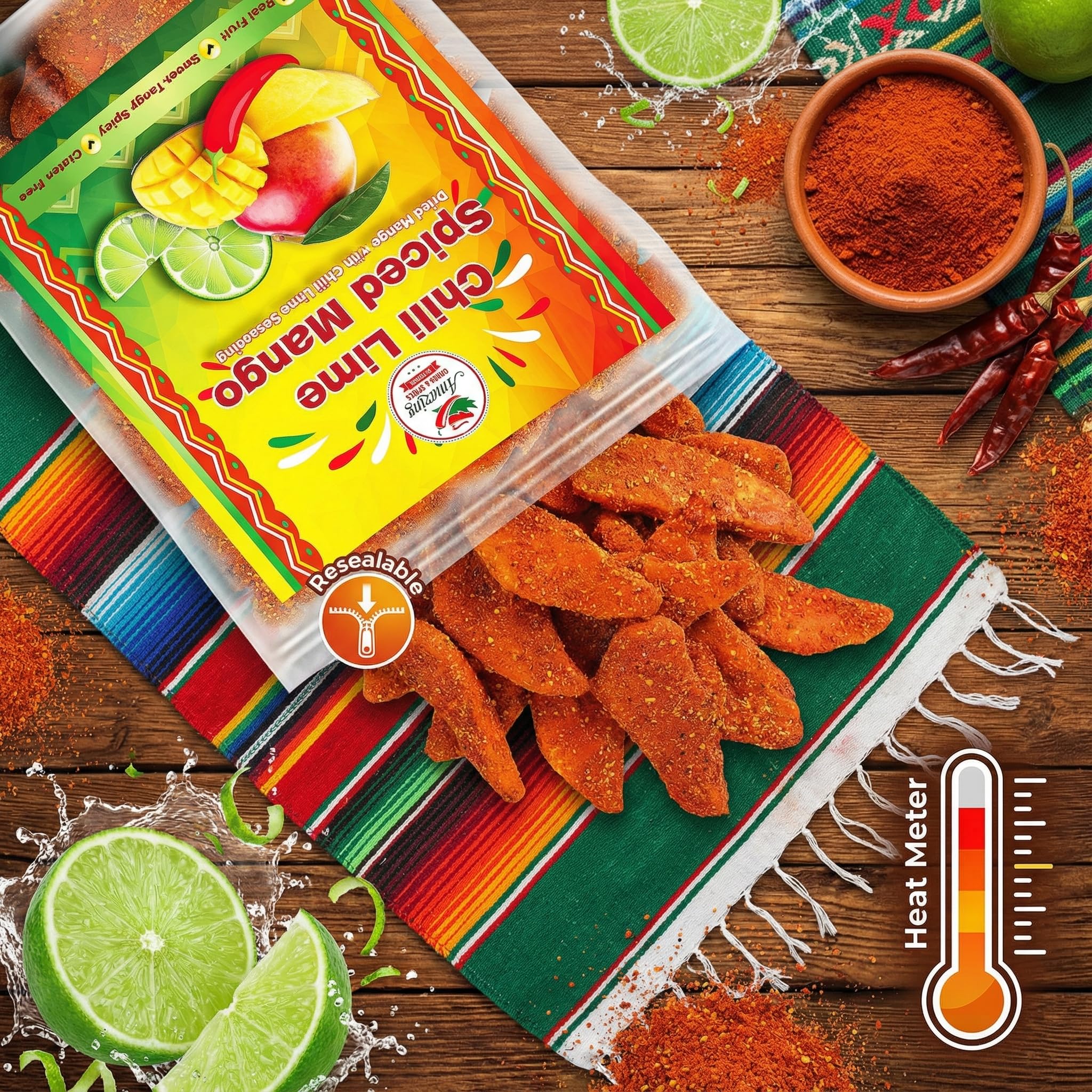 Amazing Chiles & Spices chili-lime dried mango slices on-the-go pack for quick snacking.
