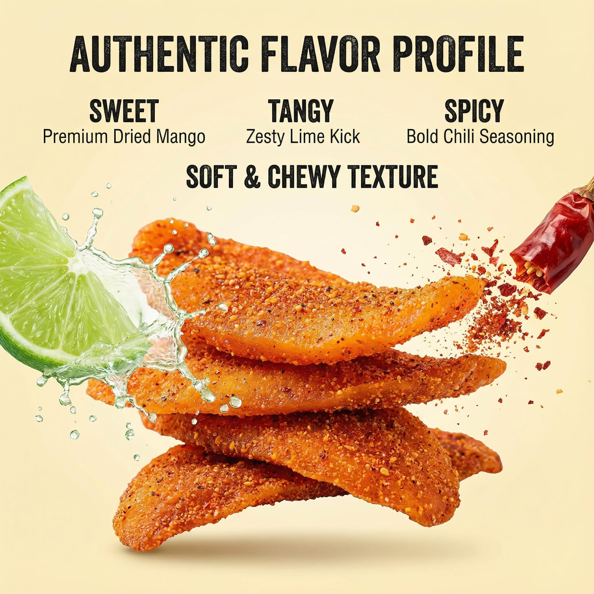 Amazing Chiles & Spices chili-lime dried mango slices plated for serving, balanced flavor.
