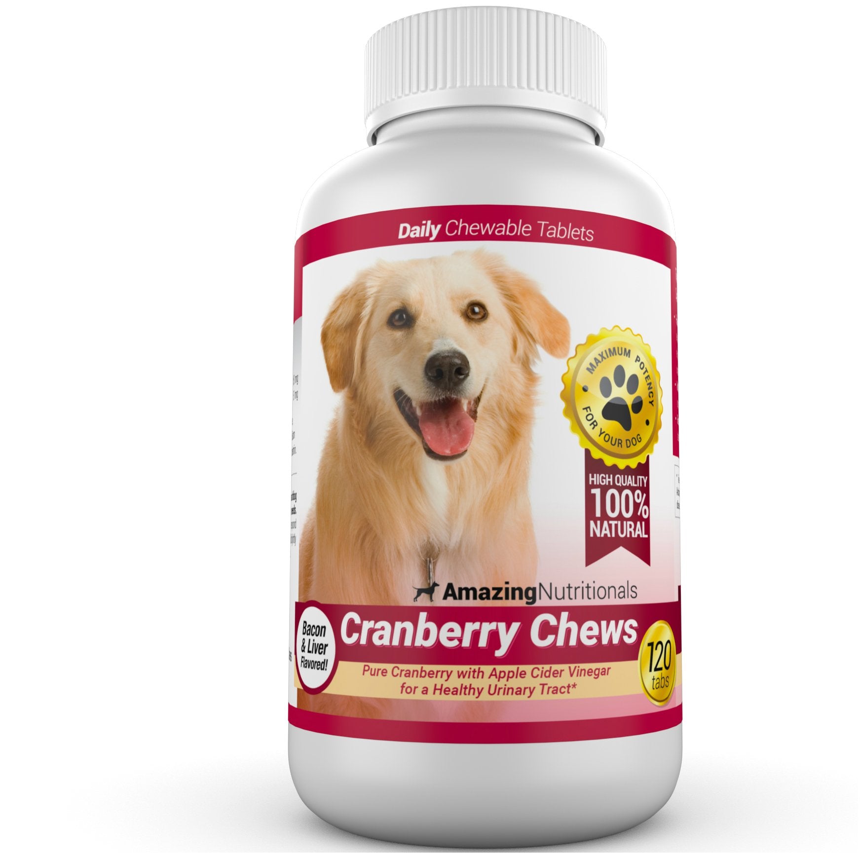 Amazing Cranberry dog bottle front; easy daily dosing for canine health.