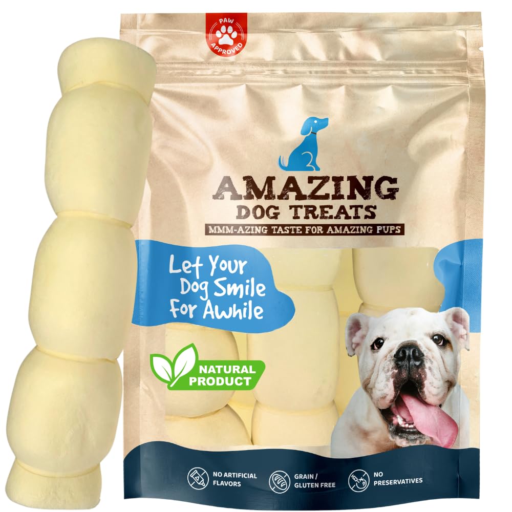Amazing Dog Treats beef cheek rolls 10-inch packaging front shows a premium, safe chew option.