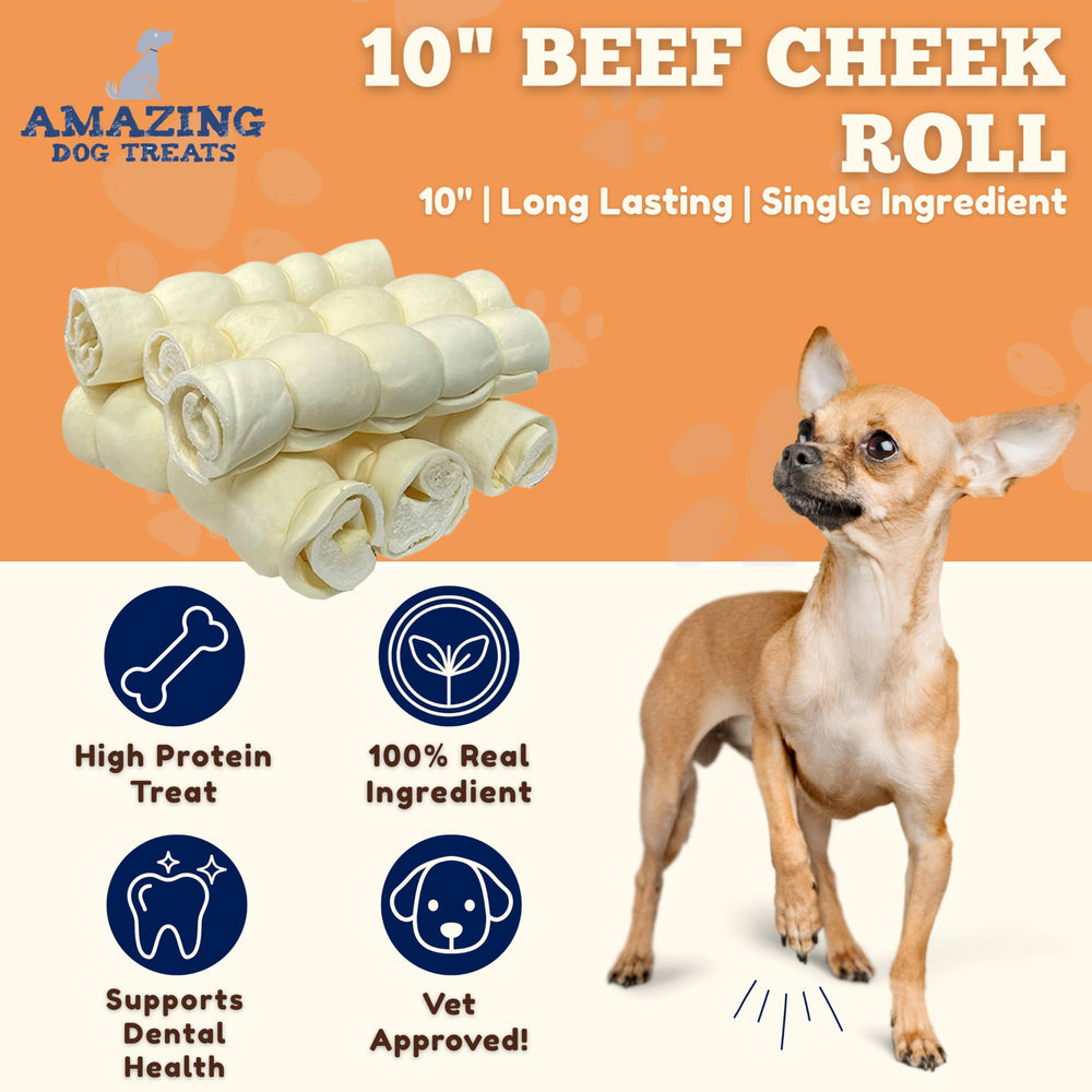 Amazing Dog Treats beef cheek rolls texture closeup highlights dense, long-lasting chew for power chewers.