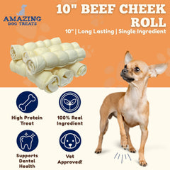 Amazing Dog Treats beef cheek rolls texture closeup highlights dense, long-lasting chew for power chewers.