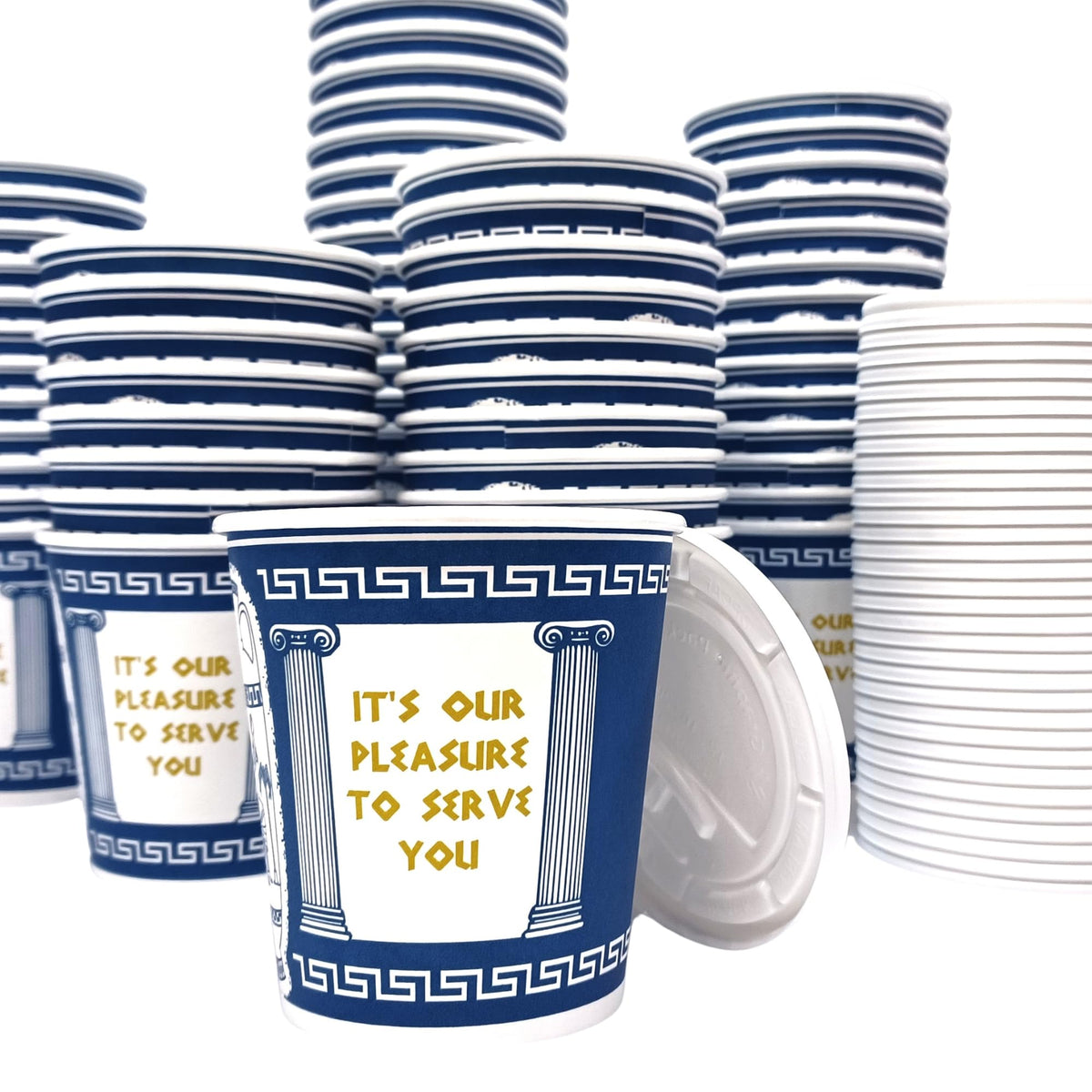 Amazing Goods NYC blue and white coffee cups with lids for on-the-go beverages.